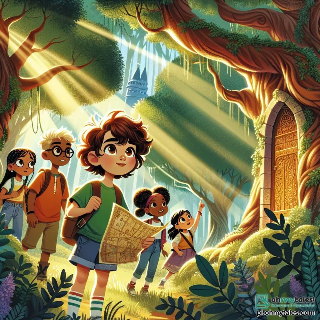 Une illustration sous forme de dessin destinée aux enfants représentant une forêt enchantée, avec des arbres majestueux et des rayons de soleil filtrant à travers les feuilles, où une fille de 11 ans aux cheveux châtains et bouclés, portant un t-shirt coloré et un short, examine avec curiosité une vieille carte, entourée de trois amis : un garçon aux cheveux blonds et aux lunettes, qui tient une lampe de poche, une fille aux cheveux noirs tressés, qui regarde avec émerveillement, et un garçon aux cheveux bruns, qui pointe du doigt une mystérieuse porte en bois cachée derrière des buissons, illustrant leur quête pour découvrir les secrets d'un ancien fort.