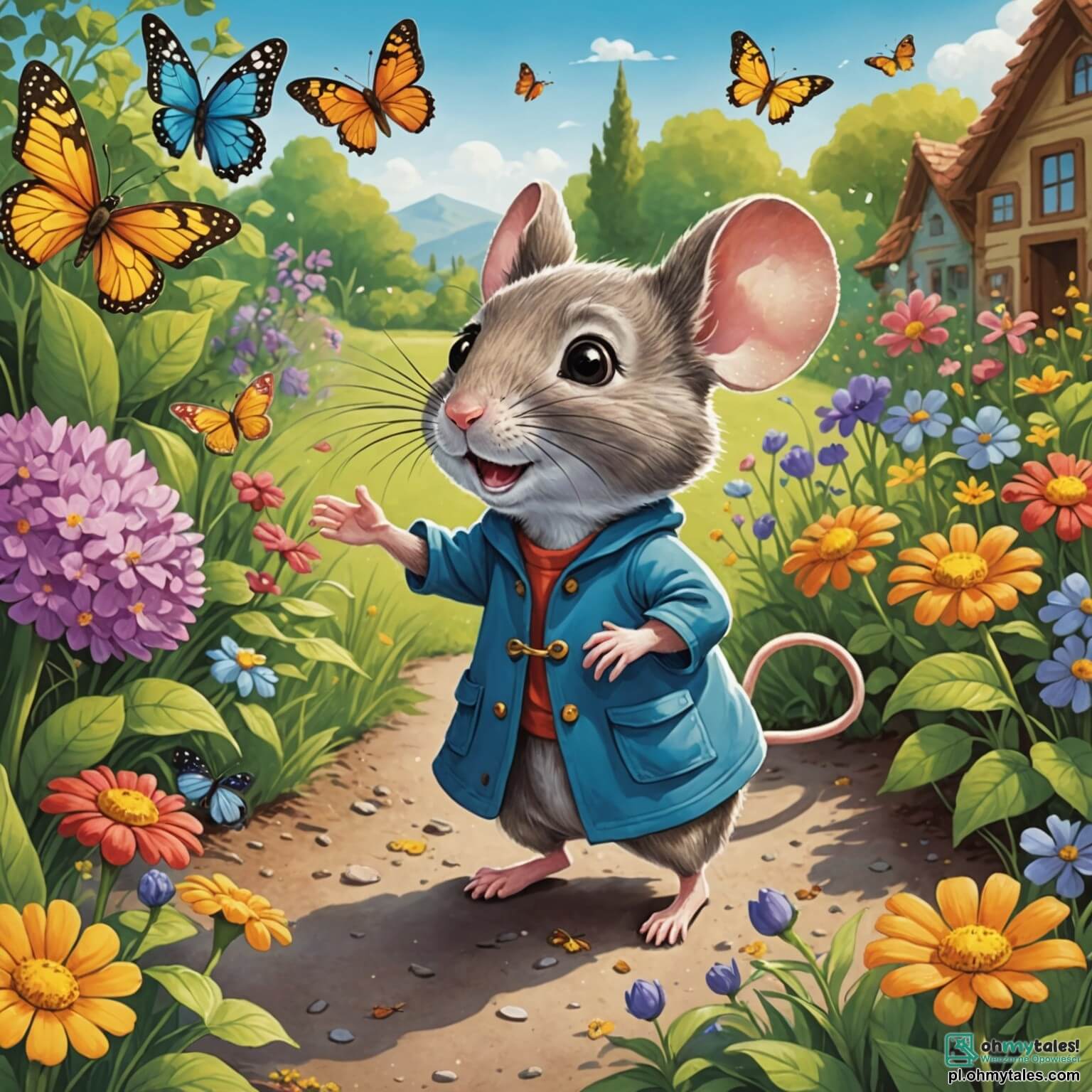 Une illustration destinée aux enfants représentant une petite souris aux yeux pétillants et au pelage soyeux, curieuse et espiègle, se faufilant à travers un jardin luxuriant aux fleurs éclatantes de couleurs vives, où les papillons dansent joyeusement autour d'elle, tandis qu'elle se lance dans une aventure palpitante à la recherche de trésors cachés, accompagnée de son ami le lapin aux grandes oreilles et du malicieux écureuil, tout cela sous le doux soleil d'un après-midi d'été, illuminant les feuilles des arbres et créant des ombres dansantes sur le sol.