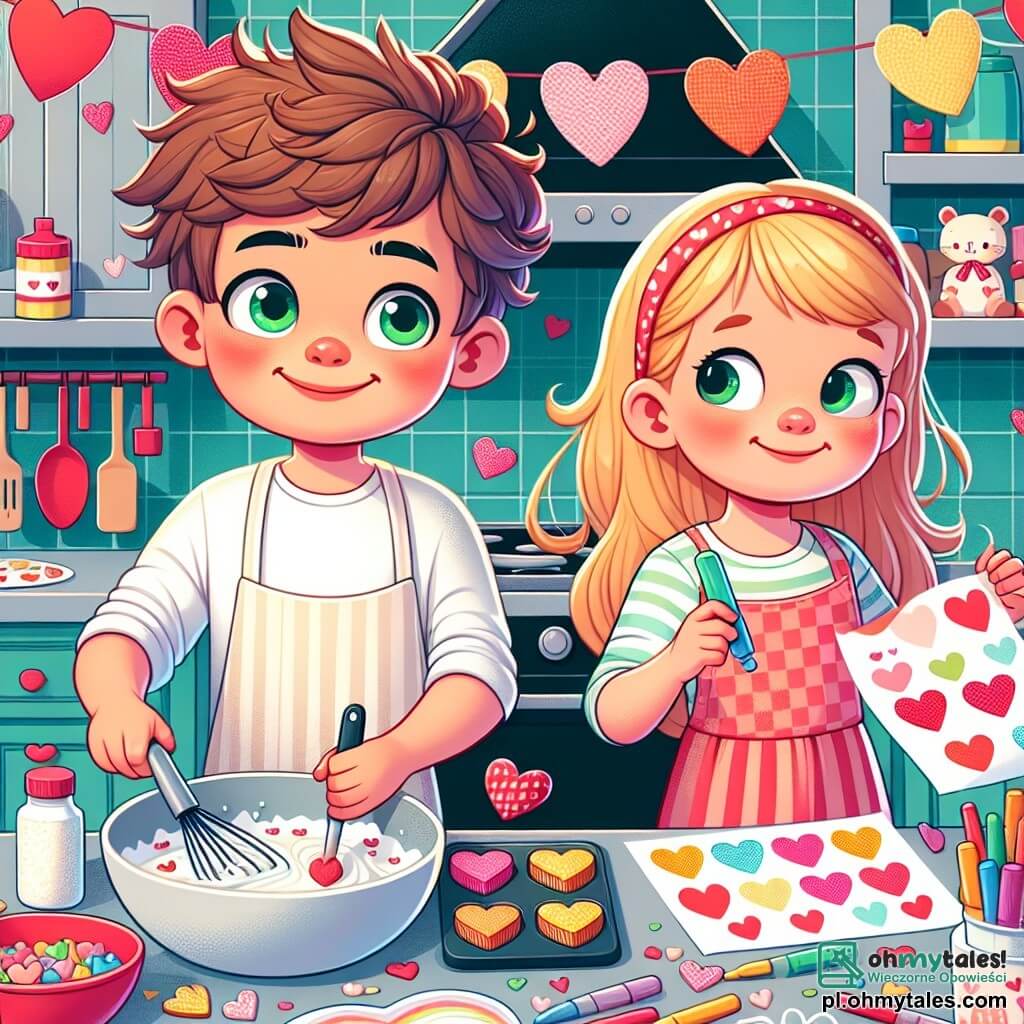 Une illustration sous forme de dessin destinée aux enfants représentant une chaleureuse cuisine colorée, où un garçon de 7 ans aux cheveux bouclés et aux yeux verts, souriant et concentré, mélange des ingrédients pour un gâteau en forme de cœur, tandis qu'une petite fille aux cheveux blonds et aux joues roses, debout à ses côtés, décore des petits cœurs en papier avec des feutres colorés, le tout dans une ambiance joyeuse et festive de préparation pour la Saint-Valentin, avec des guirlandes de cœurs accrochées aux murs et un parfum sucré flottant dans l'air.