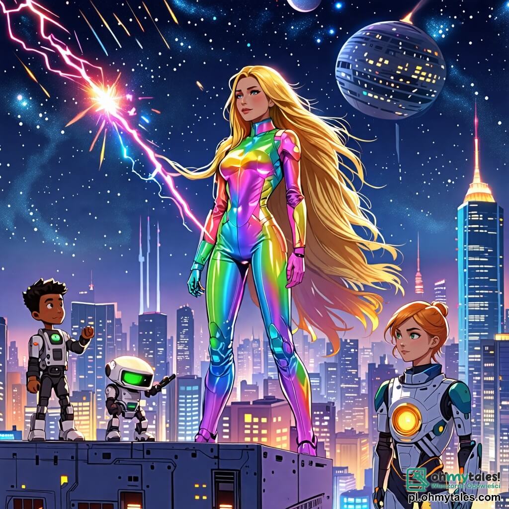 Une illustration sous forme de dessin destinée aux enfants représentant un paysage urbain futuriste de Neotropolis, avec des gratte-ciels scintillants sous un ciel étoilé, où une femme aux longs cheveux dorés et aux yeux verts, vêtue d'un costume brillant aux couleurs de l'arc-en-ciel, se tient fièrement sur le toit d'un bâtiment, lançant des éclairs d'énergie électrique vers un groupe de robots menaçants, tandis qu'un garçon musclé aux bras puissants et une fille avec des cheveux argentés flottants, vêtue d'une cape, l'observent avec détermination, prêts à l'aider dans leur lutte contre le mal qui menace leur ville.
