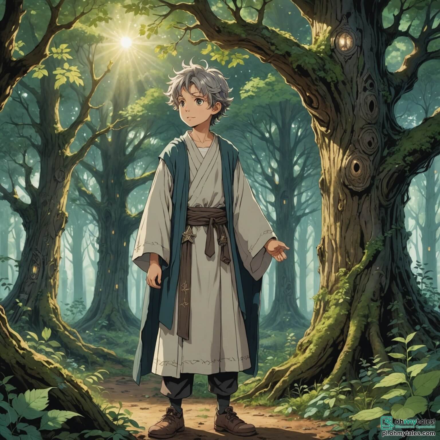 Une illustration destinée aux enfants représentant un jeune homme à la chevelure ébouriffée et aux yeux pétillants de curiosité, vêtu d'une tunique en lin usé, se tenant courageusement au bord d'une mystérieuse forêt enchantée, où les arbres majestueux aux troncs noueux et aux feuilles chatoyantes dansent sous le souffle du vent, tandis qu'un sage vieux sorcier à la barbe argentée et à la robe ornée de symboles anciens l'observe avec bienveillance, prêt à lui confier une quête épique pour retrouver un précieux artefact perdu au cœur de ce royaume oublié, où les échos des légendes passées résonnent à chaque pas, et où la magie et l'histoire s'entrelacent dans un ballet fascinant.