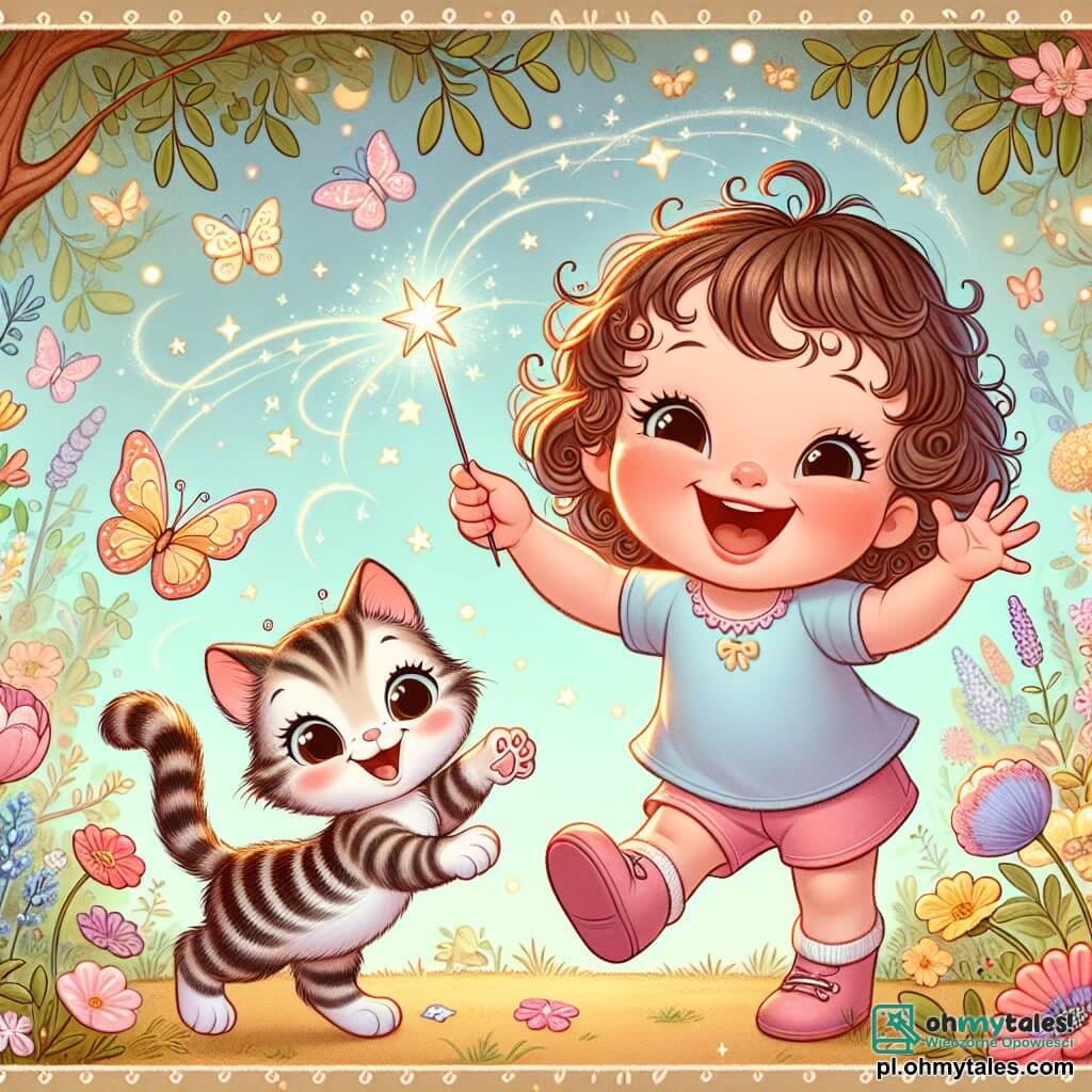 Une illustration sous forme de dessin destinée aux enfants représentant un jardin enchanté rempli de fleurs colorées et de papillons virevoltants, avec une petite fille de 1 an aux cheveux bouclés et aux yeux pétillants, riant aux éclats tout en agitant une baguette magique scintillante, tandis qu'un petit chat tigré aux yeux malicieux danse joyeusement à ses pieds, le tout dans une atmosphère joyeuse et lumineuse, illustrant le moment où la fillette souhaite que son chat puisse parler.