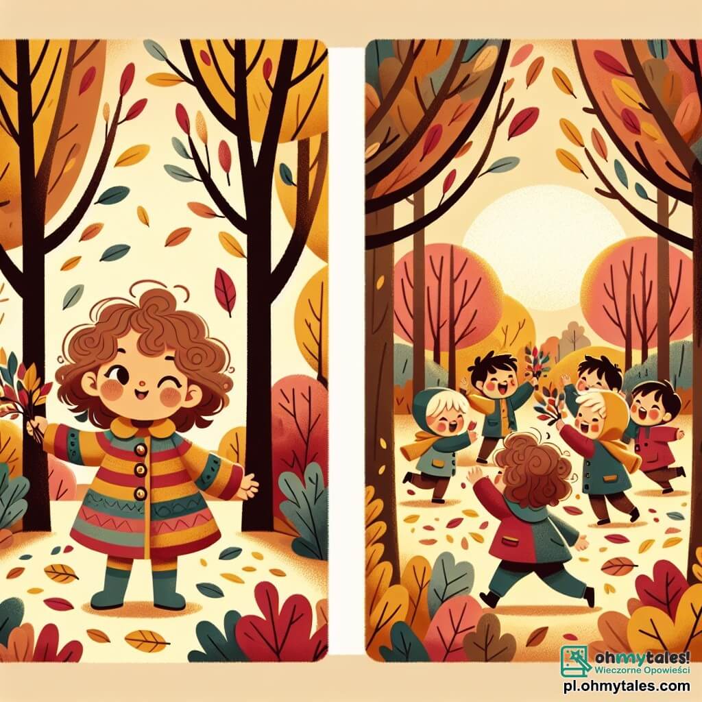 Une illustration sous forme de dessin destinée aux enfants représentant un parc en automne, avec des arbres aux feuilles jaunes, rouges et brunes, où une petite fille de 1 an aux cheveux bouclés et aux yeux pétillants, vêtue d'un manteau coloré, s'amuse à ramasser des feuilles tombées au sol, tandis qu'un groupe d'enfants, tous de genre masculin, s'amuse à créer un bouquet de feuilles et à chanter joyeusement, le tout baigné dans une douce lumière dorée du soleil d'automne.