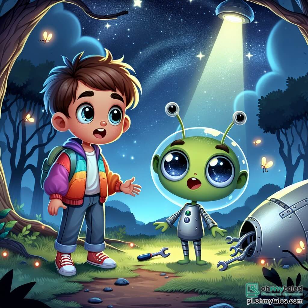 Une illustration sous forme de dessin destinée aux enfants représentant une clairière enchantée dans une forêt nocturne, illuminée par un mystérieux vaisseau spatial argenté, où un garçon de 9 ans aux cheveux bruns en bataille et aux yeux pétillants d'excitation, portant une veste colorée, observe avec émerveillement un petit extraterrestre vert aux grands yeux brillants et au sourire amical, qui lui montre des outils étranges pour réparer son vaisseau, tandis que des étoiles scintillent dans le ciel et que des lucioles dansent autour d'eux, créant une atmosphère magique et pleine d'aventure.