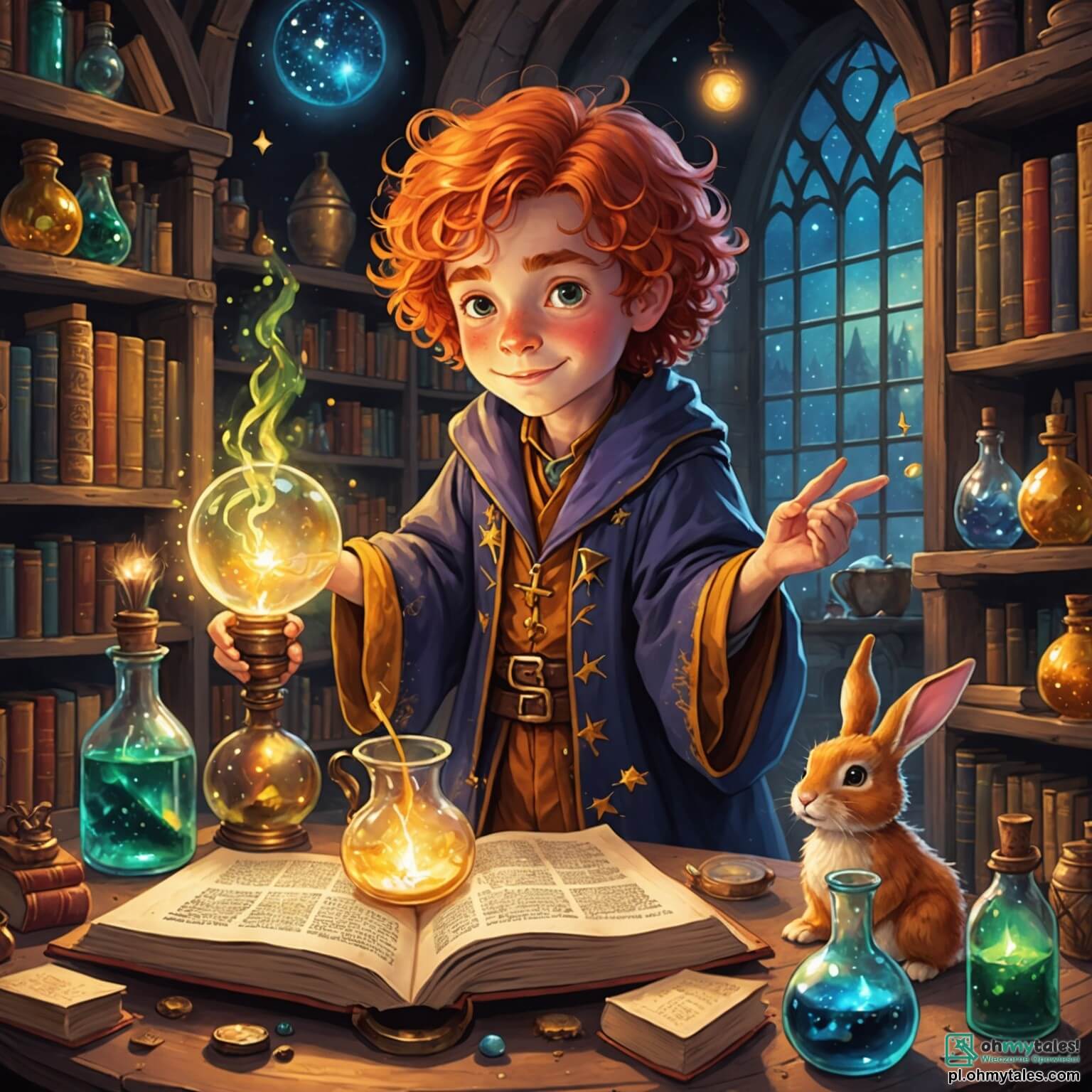 Une illustration destinée aux enfants représentant un jeune sorcier aux cheveux flamboyants, vêtu d'une robe étoilée scintillante, concoctant une potion pétillante dans son laboratoire magique rempli de fioles colorées, de livres anciens aux pages jaunies, et de créatures fantastiques qui dansent autour de lui, tandis qu'un petit lapin espiègle, son fidèle compagnon, observe avec des yeux ronds de curiosité, le tout se déroulant dans une forêt enchantée où les arbres sont ornés de lucioles lumineuses et les fleurs chantent doucement au rythme du vent.