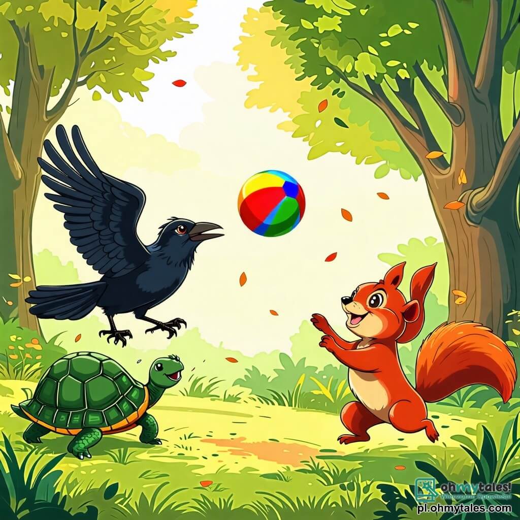 Une illustration sous forme de dessin destinée aux enfants représentant une clairière ensoleillée entourée d'arbres verdoyants, où un corbeau aux plumes noires brillantes et au regard malicieux lance une balle colorée dans les airs, tandis qu'un joyeux tortue à la carapace verte et une vive écureuil aux poils roux s'élancent pour attraper la balle, tous trois riant et s'amusant ensemble dans une ambiance de camaraderie et de joie.