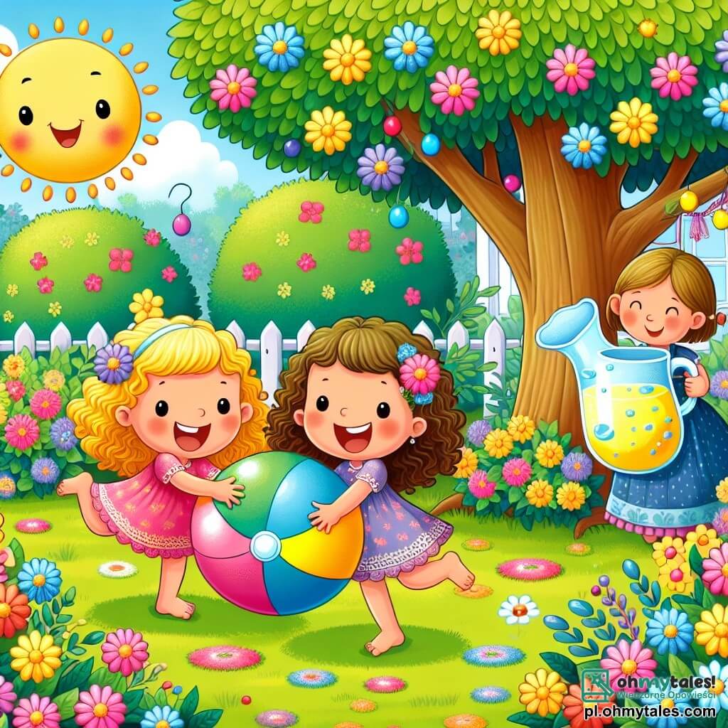 Une illustration sous forme de dessin destinée aux enfants représentant un jardin ensoleillé avec des fleurs colorées et un grand arbre, où deux petites filles de 5 ans, l'une aux cheveux blonds et bouclés portant une robe rose, et l'autre aux cheveux bruns et lisses vêtue d'une robe bleue, s'amusent à jouer avec une grande balle colorée, tandis qu'une maman souriante les observe de près avec un pichet de limonade à la main, créant une atmosphère joyeuse et estivale pleine de rires et d'amitié.