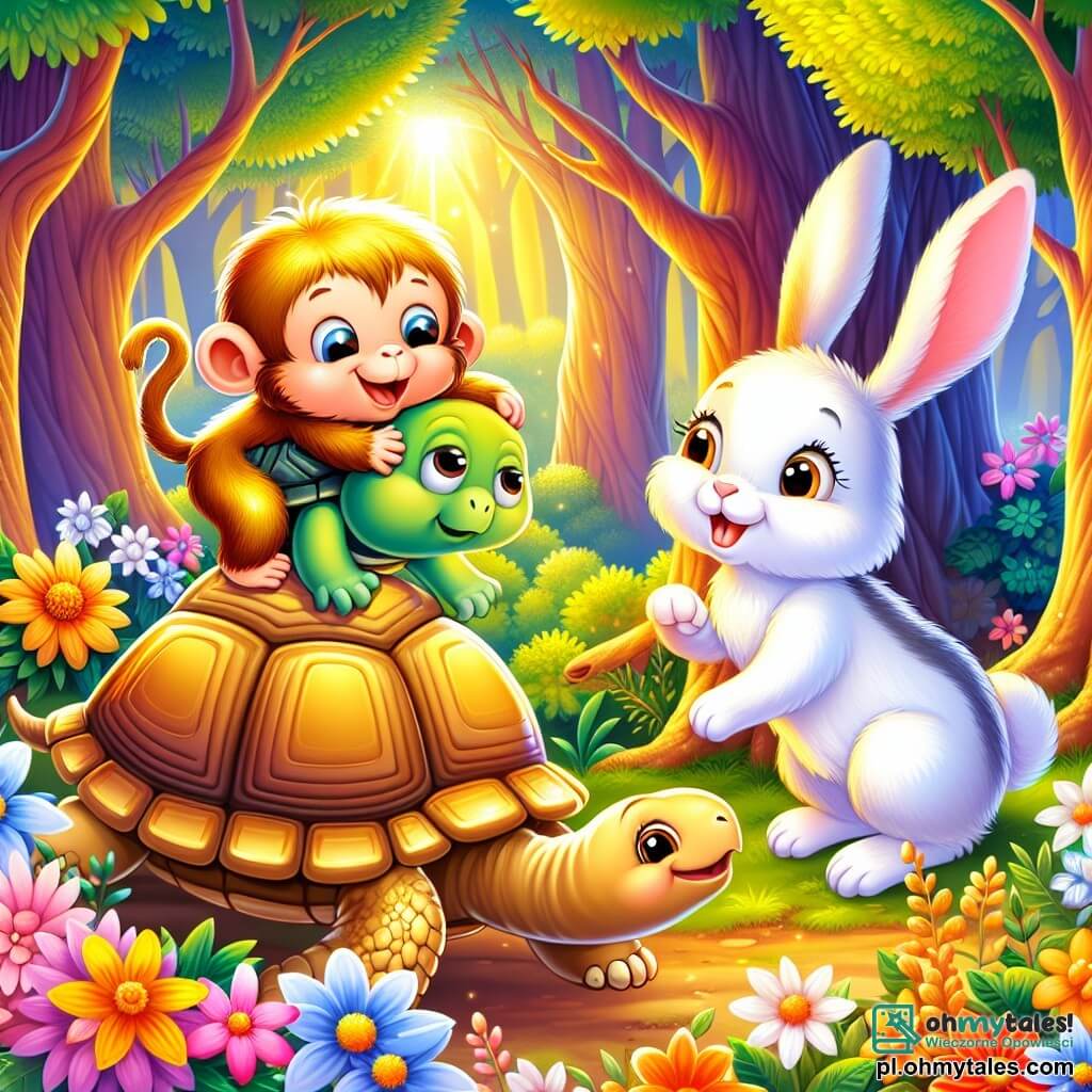 Une illustration sous forme de dessin destinée aux enfants représentant une scène colorée dans une forêt luxuriante, où une petite singe au pelage doré et aux yeux brillants, sautant joyeusement d'une branche à l'autre, aide un triste tortue à retrouver son chemin, tandis qu'un adorable lapin aux grandes oreilles et au pelage blanc les observe avec un sourire encourageant, le tout baigné dans une lumière douce et chaleureuse, entouré de fleurs éclatantes et d'arbres majestueux.