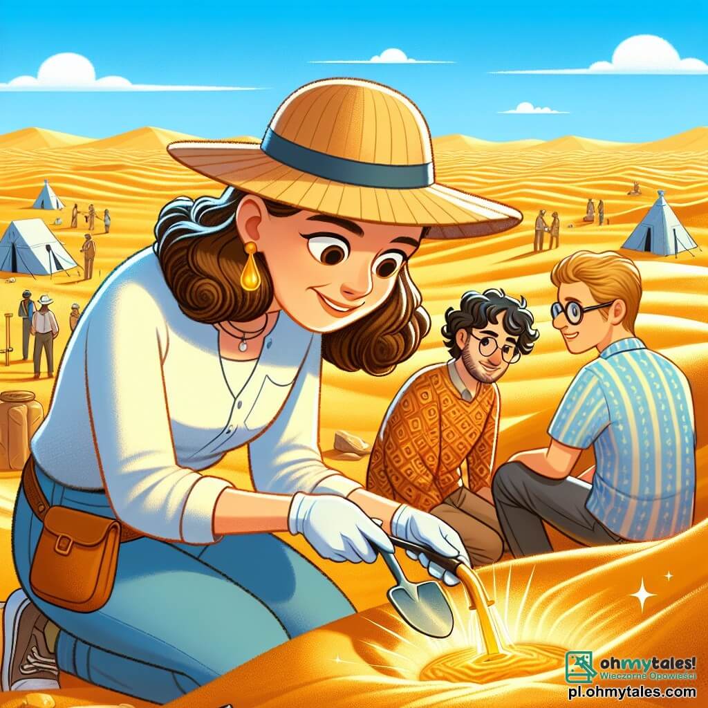 Ilustracja przedstawiająca rozległe stanowisko archeologiczne na pustyni, z złotymi wydmami rozciągającymi się po horyzont pod jasnoniebieskim niebem. W centrum sceny, archeolożka w wieku około trzydziestu lat, z długimi brązowymi włosami związanymi w schludny kok, nosząca szeroki kapelusz słomkowy dla ochrony przed słońcem, klęczy na ziemi. Dokładnie bada piękny złoty blask, który wyłania się z piasku, z wyrazem ciekawości i ekscytacji na twarzy. W pobliżu, dwóch młodych mężczyzn, jeden około 25 lat z lekką brodą i okularami przeciwsłonecznymi, a drugi, nastolatek w wieku 16 lat z kręconymi włosami i koszulą w wzory, obserwują z zainteresowaniem dziwne odkrycie. Kobieta trzyma w jednej ręce małą łopatkę, a w drugiej pędzelek, gotowa do odkrycia tajemniczego obiektu. W tle widoczne są namioty badawcze oraz rozrzucone narzędzia archeologiczne, co dodaje autentyczności otoczeniu.