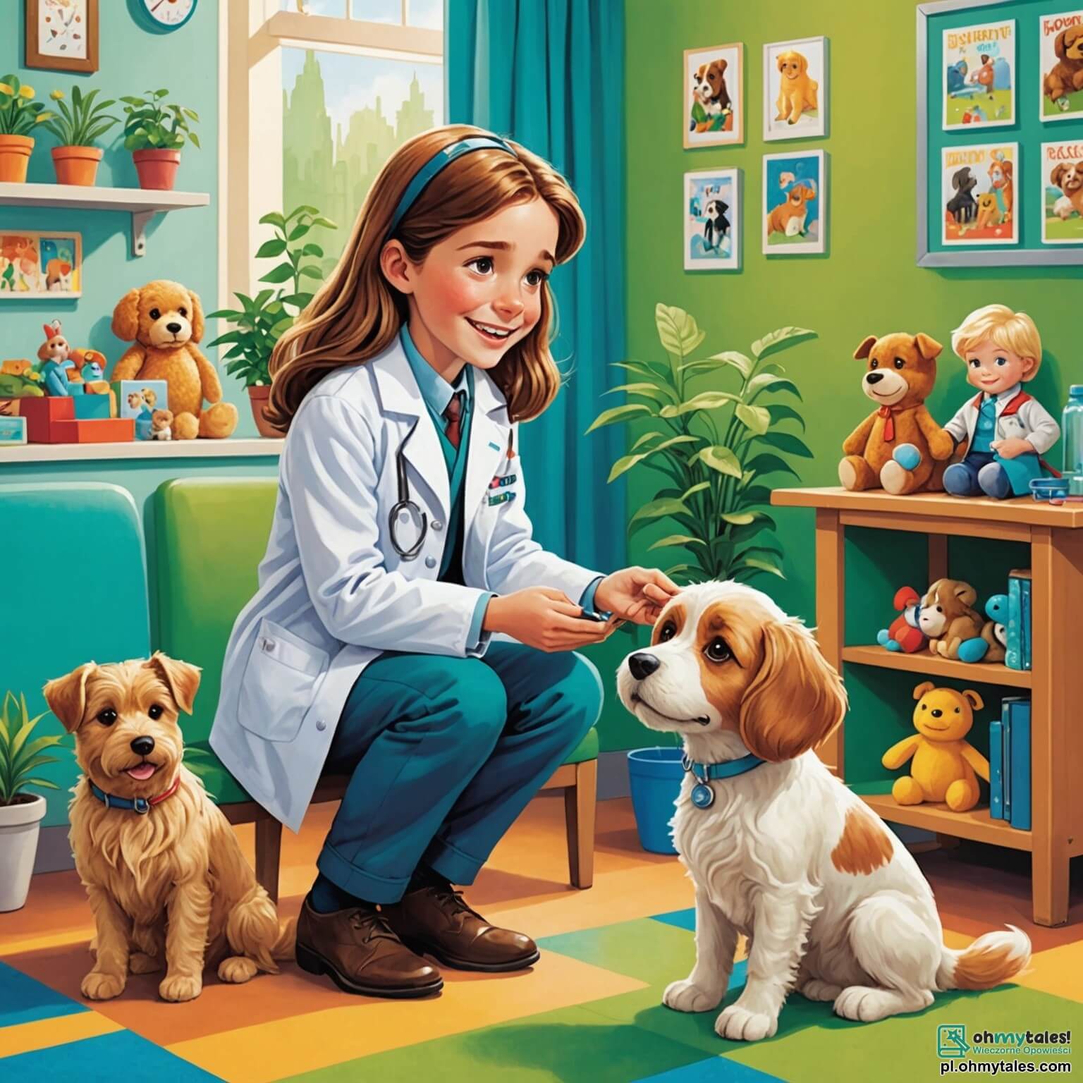 Une illustration destinée aux enfants représentant une vétérinaire souriante aux longs cheveux bruns, vêtue d'une blouse blanche, examinant avec douceur un petit chien aux yeux tristes dans une salle d'attente colorée, remplie de jouets en peluche, de posters d'animaux et de plantes vertes, tandis qu'un jeune garçon curieux, aux cheveux blonds, observe avec émerveillement la scène, impatient d'apprendre comment soigner les animaux.