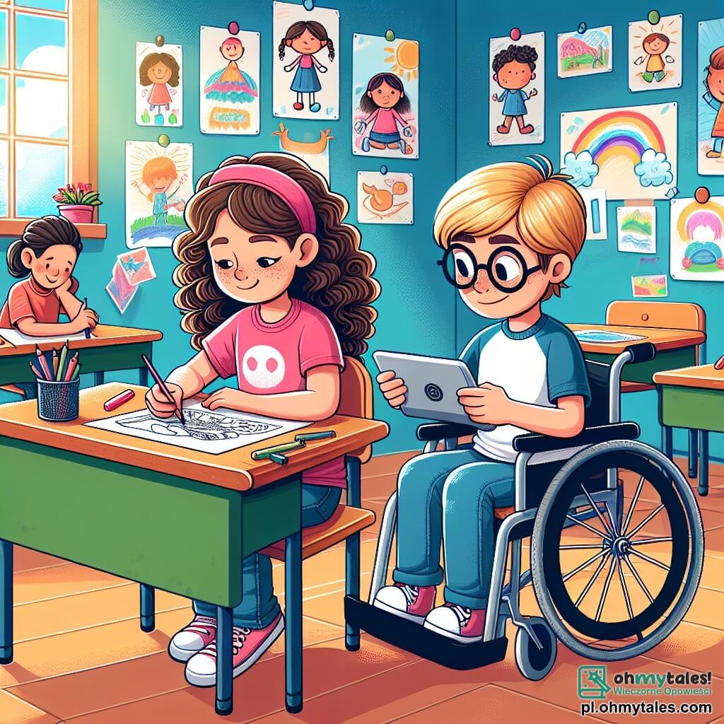 Une illustration sous forme de dessin destinée aux enfants représentant une salle de classe colorée et accueillante, avec des murs décorés de dessins d'enfants, où une fille de 11 ans aux cheveux bruns et bouclés, portant un t-shirt rose et un jean, est assise à un bureau, concentrée sur un dessin qu'elle réalise, tandis qu'à côté d'elle, un garçon de 11 ans aux cheveux blonds et aux lunettes rondes, assis dans un fauteuil roulant, sourit et lui montre un jeu vidéo sur sa tablette, illustrant leur amitié et leur collaboration pour préparer une présentation sur l'acceptation des différences.