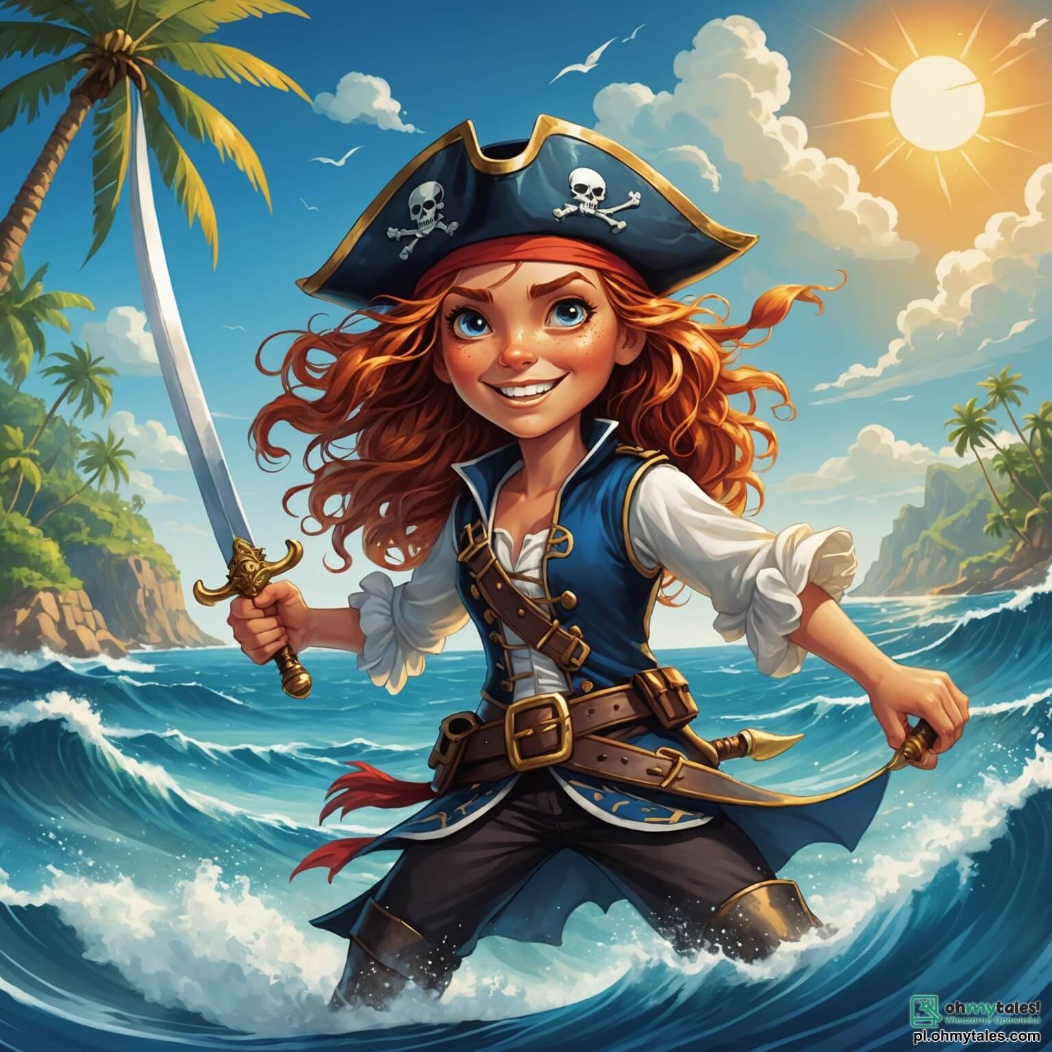 Une illustration destinée aux enfants représentant une intrépide pirate au regard pétillant, avec des cheveux flamboyants flottant au vent, brandissant fièrement son épée scintillante, naviguant sur les flots tumultueux d'une mer d'un bleu profond, où les vagues dansent sous un ciel parsemé de nuages cotonneux, tandis qu'elle se dirige vers une mystérieuse île aux palmiers verdoyants et aux plages dorées, où l'attend un trésor caché, accompagnée de sa fidèle équipe composée d'un jeune marin au sourire espiègle, à la peau bronzée et aux yeux pétillants de malice, ainsi que d'un ancien pirate au visage buriné par le temps, qui, bien que plus âgé, n'a rien perdu de son esprit aventureux, tous unis dans cette quête palpitante au cœur d'un monde rempli de dangers et de merveilles.