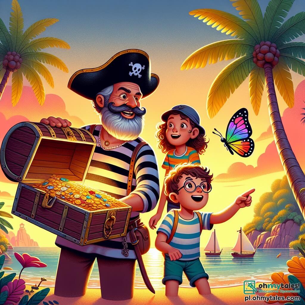 Une illustration sous forme de dessin destinée aux enfants représentant une scène colorée sur une plage de la Słoneczna Wyspa, avec un homme pirate à la barbe noire et aux cheveux gris, vêtu d'un chapeau de pirate et d'une chemise rayée, tenant un vieux coffre au trésor ouvert, entouré de deux enfants : une fille aux cheveux bouclés et une casquette, qui regarde émerveillée les pièces d'or, et un garçon aux lunettes et un t-shirt à rayures, qui pointe du doigt un papillon coloré volant autour d'eux, tandis qu'en arrière-plan, des palmiers se balancent doucement sous le soleil couchant, symbolisant l'amitié et l'aventure.