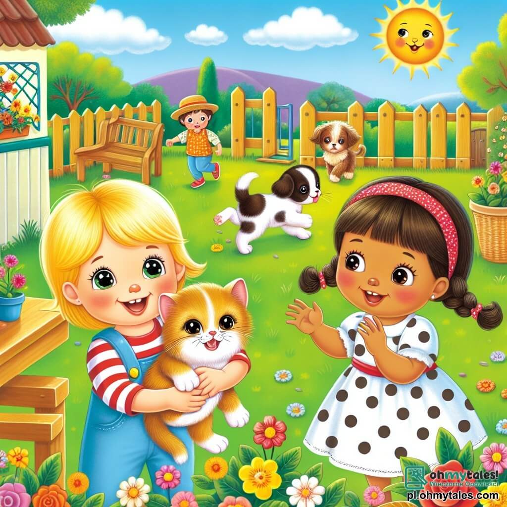 Illustration destinée aux enfants représentant une scène ensoleillée dans un jardin coloré, avec une grande pelouse verte parsemée de fleurs éclatantes et une petite aire de jeux en bois. Au centre, un garçon de 3 ans, aux cheveux blonds en bataille et aux yeux pétillants, tient un petit chaton doré dans ses bras, affichant un sourire malicieux. À ses côtés, une fille de 3 ans, avec des cheveux bruns tressés et une robe à pois, observe le garçon avec curiosité, les mains sur les hanches. En arrière-plan, un petit chien aux poils frisés, joyeux, court autour d'eux. La scène capture l'instant où les enfants, complices, cachent le chaton derrière un banc, un air de mystère sur leurs visages, illustrant le thème du mensonge et de la découverte.