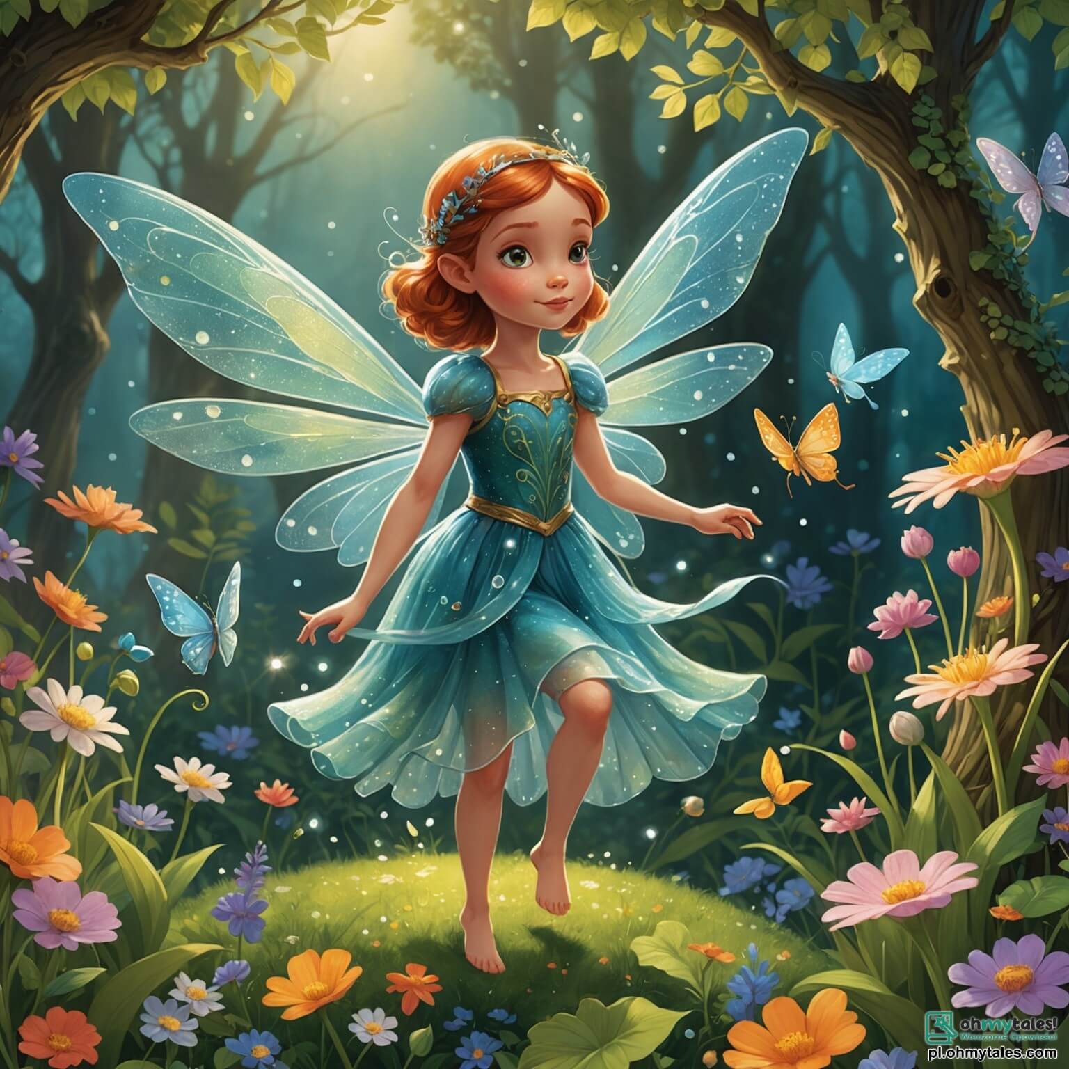 Une illustration destinée aux enfants représentant une délicate fée aux ailes scintillantes comme des gouttes de rosée, flottant gracieusement au-dessus d'un jardin enchanté où les fleurs dansent au rythme d'une douce brise, entourée de créatures magiques telles qu'un petit dragon aux écailles iridescentes et un écureuil malicieux aux yeux pétillants, alors qu'elle s'apprête à sauver son royaume menacé par une ombre mystérieuse qui s'étend sur les pétales colorés, le tout baigné dans une lumière dorée filtrée par les feuillages luxuriants des arbres centenaires qui bordent ce lieu féérique.