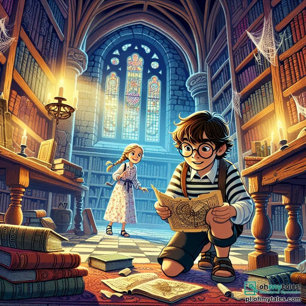 Ilustracja przedstawiająca tajemniczą scenę w starej, zakurzonej bibliotece, z dużymi drewnianymi półkami wypełnionymi starymi książkami, pajęczynami w rogach i miękkim światłem filtrującym przez kolorowe witraże. W centrum, 11-letni chłopiec z rozczochranymi brązowymi włosami i okrągłymi okularami klęczy, przyglądając się starej, pożółkłej mapie, którą trzyma w rękach. Ma na sobie koszulkę w paski i szorty, z determinacją na twarzy. Obok niego dziewczynka w wieku 11 lat, z długimi, warkoczami blond włosami, ubrana w kwiecistą sukienkę i sandały, uważnie obserwuje chłopca, z błyskiem ekscytacji w oczach. Razem odkrywają starą mapę, która może ich zaprowadzić do ukrytego skarbu, otoczeni atmosferą przygody i tajemnicy, z tańczącymi cieniami i otwartymi książkami na stole, co dodaje intrygi do sceny.