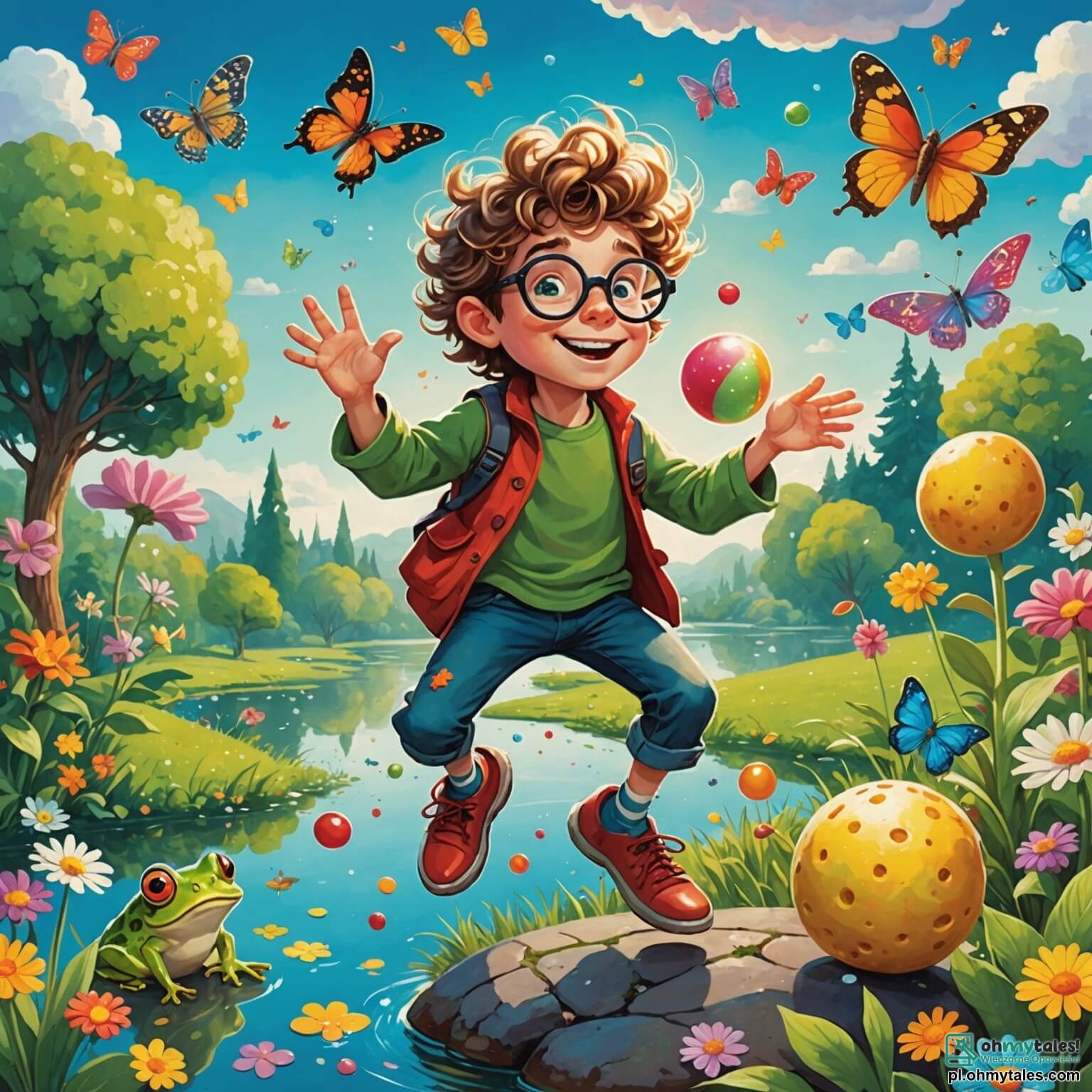 Une illustration destinée aux enfants représentant un garçon aux cheveux en bataille et aux lunettes démesurées, en train de jongler avec des pommes de terre volantes dans un jardin enchanté où les fleurs chantent et les arbres dansent, tandis qu'une petite grenouille verte, son amie espiègle, l'encourage en sautillant sur une pierre brillante au bord d'un étang scintillant, entouré de papillons multicolores et de nuages en forme de bonbons.
