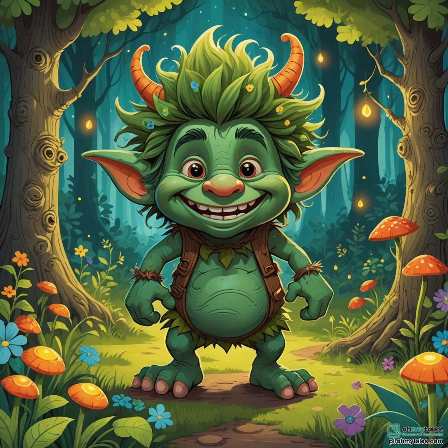 Une illustration destinée aux enfants représentant un petit troll au sourire malicieux, avec une peau verte éclatante et un nez en forme de carotte, se trouvant dans une forêt enchantée où les arbres aux troncs spirales sont ornés de fleurs multicolores et de lucioles dansantes, tandis qu'un gros troll au ventre rond, ami fidèle et comique, l'observe avec curiosité, alors qu'ils cherchent ensemble un jouet perdu dans ce royaume magique rempli de rires et d'aventures.