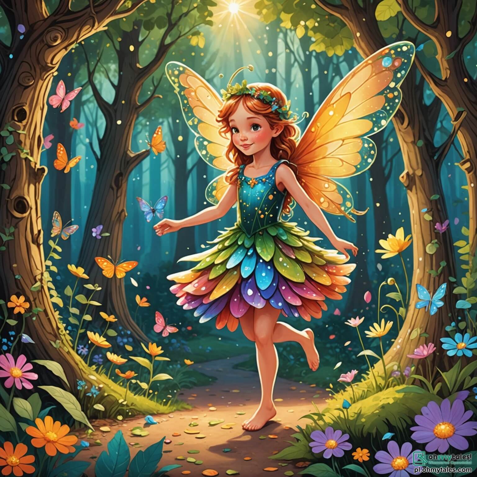 Une illustration destinée aux enfants représentant une petite fée pétillante aux ailes scintillantes comme des gouttes de rosée au lever du soleil, avec une robe faite de pétales de fleurs multicolores, qui s'apprête à organiser une grande fête dans la forêt enchantée, où les arbres majestueux aux troncs noueux et aux feuillages luxuriants dansent au rythme du vent, tandis que des créatures rigolotes comme un lapin farceur au pelage duveteux et un écureuil espiègle au regard malicieux se joignent à elle pour préparer des surprises magiques et colorées, le tout sous un ciel bleu parsemé de nuages cotonneux et de rayons de soleil dorés qui illuminent cette scène féerique.