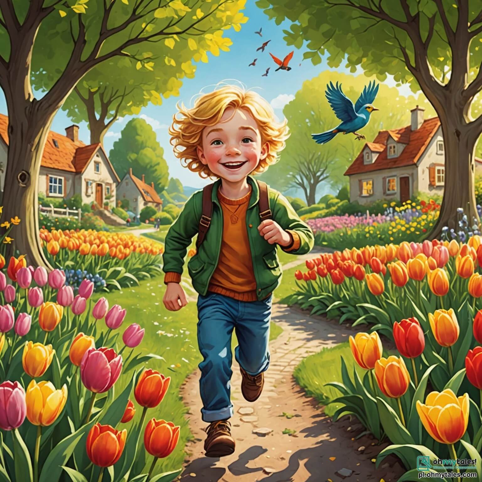 Une illustration destinée aux enfants représentant un petit garçon aux cheveux dorés, pétillants comme les rayons du soleil, courant avec un sourire éclatant à travers un jardin enchanteur où les tulipes flamboyantes dansent au gré du vent et où les oiseaux chantent des mélodies joyeuses, tandis qu'il est entouré de sa meilleure amie, une petite fille aux tresses brunes, qui l'accompagne dans leur quête d'aventures printanières, le tout se déroulant dans un paysage vibrant de couleurs, avec des arbres en fleurs, des papillons virevoltant et une douce brise parfumée de fleurs, créant une atmosphère magique et pleine de promesses.