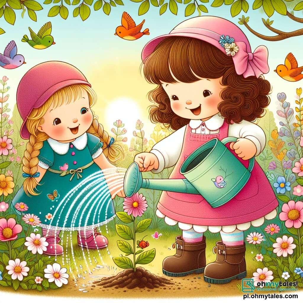 Une illustration sous forme de dessin destinée aux enfants représentant un jardin en pleine floraison au printemps, avec une petite fille de 3 ans aux cheveux châtains bouclés, portant une robe rose et une petite casquette, arrosant joyeusement un jeune plant de fleur avec une petite arrosoir, tandis qu'une autre petite fille de 3 ans aux cheveux blonds tressés, vêtue d'une robe bleue, l'observe avec un sourire émerveillé, le tout baigné dans une lumière douce et ensoleillée, avec des oiseaux colorés volant dans le ciel et des papillons virevoltant autour des fleurs.