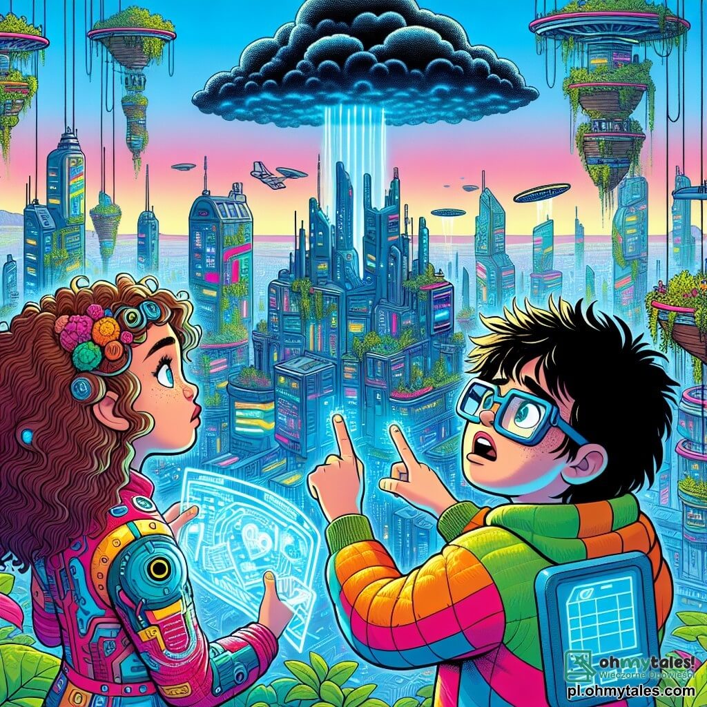 Une illustration sous forme de dessin destinée aux enfants représentant une ville futuriste, Electropolis, avec ses bâtiments scintillants aux couleurs vives et ses jardins suspendus, où une fille de 11 ans aux cheveux bouclés et brillants, vêtue d'une combinaison technologique colorée, observe avec curiosité une étrange chmure noire dans le ciel, tandis qu'à ses côtés, un garçon aux lunettes épaisses et aux cheveux ébouriffés, armé d'un dispositif holographique, tente de déchiffrer un message mystérieux émanant de la chmure, symbolisant leur quête pour comprendre et sauver leur ville d'une menace inconnue.