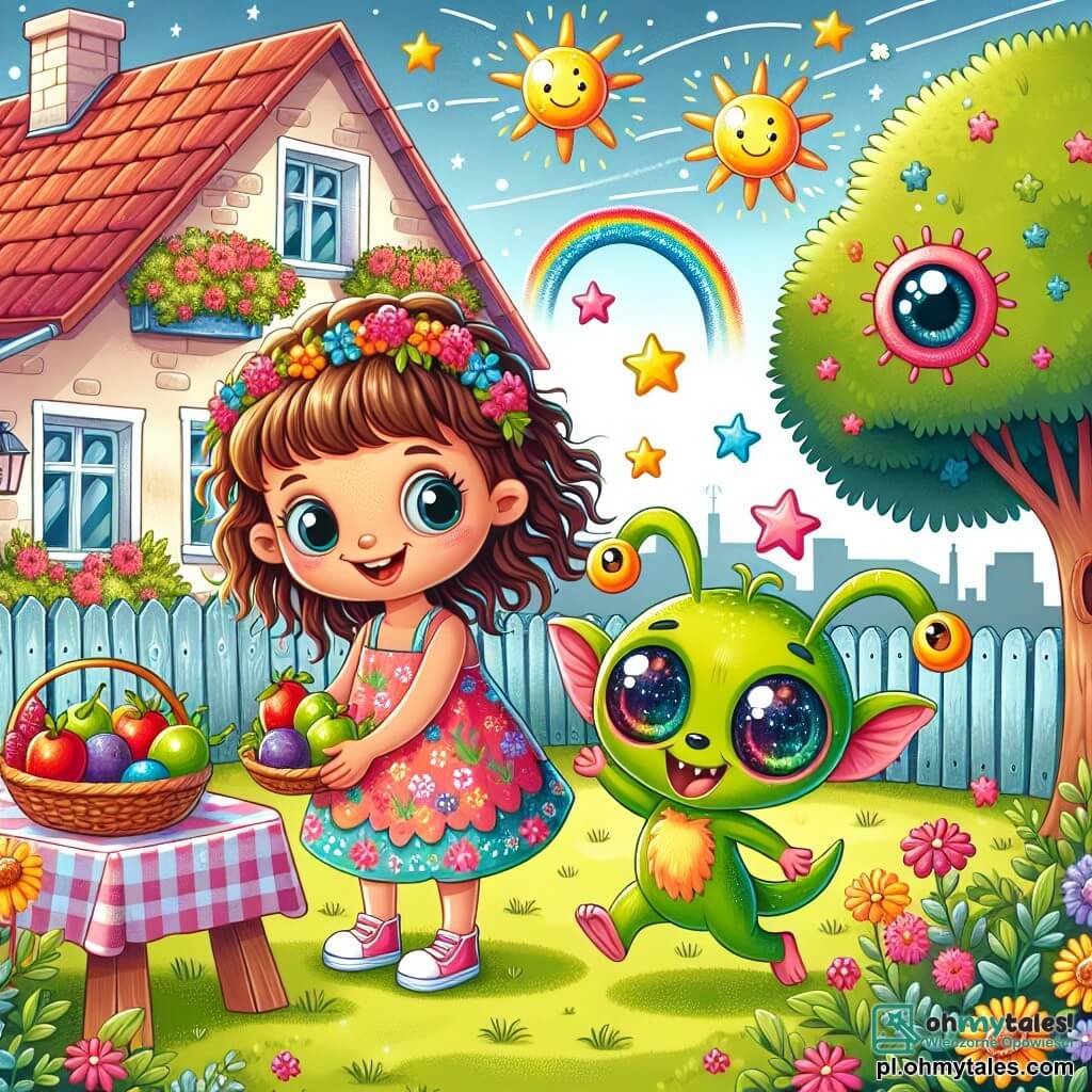 Une illustration sous forme de dessin destinée aux enfants représentant un jardin coloré d'une petite maison dans une charmante viosge, où une fille de 7 ans aux cheveux bruns et bouclés, portant une robe à fleurs, sourit joyeusement en tenant des fruits colorés, tandis que deux petits extraterrestres verts, ressemblant à des chiens avec de grands yeux brillants et des oreilles longues, sautent autour d'elle, tous trois s'apprêtant à partager un pique-nique sous un ciel étoilé, symbolisant leur amitié intergalactique.