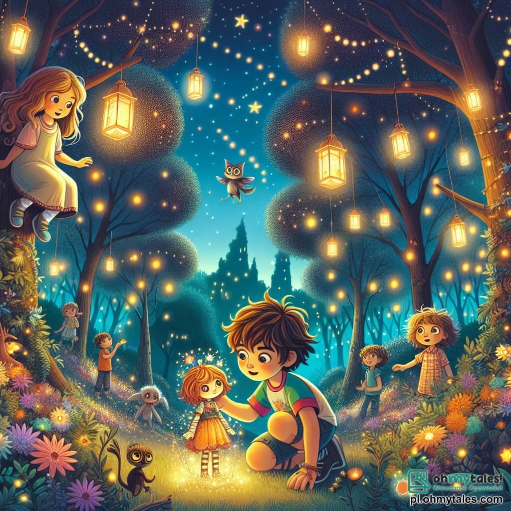 Ilustracja przedstawiająca magiczny park o zmierzchu, gdzie wysokie drzewa z błyszczącymi liśćmi wznoszą się, oświetlone unoszącymi się latarniami. W centrum, 9-letni chłopiec z rozczochranymi kasztanowymi włosami, ubrany w kolorowy T-shirt i szorty, klęczy, uważnie przyglądając się małej lalce z błyszczącymi oczami, otoczonej świecącymi kwiatami. Obok niego 10-letnia dziewczynka z długimi falującymi włosami, ubrana w lekką sukienkę, obserwuje z ciekawością, podczas gdy 9-letni chłopiec w okrągłych okularach i figlarnym wyrazie twarzy rozmawia z małym ptakiem siedzącym na gałęzi. Scena emanuje atmosferą tajemnicy i przygody, z magicznymi stworzeniami ukrywającymi się za drzewami i migoczącymi gwiazdami, które zaczynają pojawiać się na niebie. Iskrzące światła i żywe kolory dodają bajkowego klimatu temu zaczarowanemu spotkaniu.