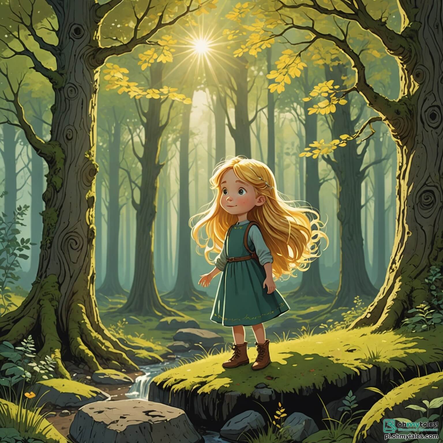 Une illustration destinée aux enfants représentant une petite fille aux yeux pétillants de curiosité, aux cheveux dorés flottant comme des rayons de soleil, se tenant au bord d'une clairière enchantée, où les arbres majestueux aux troncs noueux s'élèvent vers le ciel, leurs feuilles dansant doucement au gré du vent, tandis qu'un vieux sage à la barbe argentée, assis sur un rocher recouvert de mousse, lui offre des conseils précieux sur la beauté de la vie et l'importance de l'amitié, le tout baigné dans une lumière dorée qui filtre à travers les branches, créant une atmosphère magique et sereine.