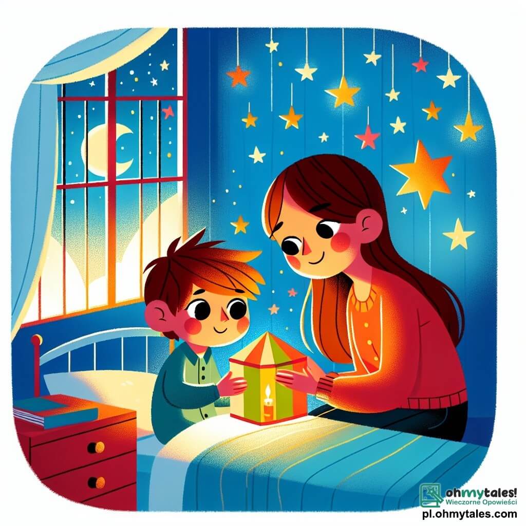 Une illustration sous forme de dessin destinée aux enfants représentant une chambre chaleureuse et colorée, avec des murs peints en bleu clair et des étoiles dorées scintillant au plafond ; un petit garçon de deux ans aux cheveux châtains et aux yeux pétillants, assis sur son lit, tenant un lampion en papier coloré qui éclaire doucement son visage, tandis qu'une gentille maman aux cheveux longs et bruns, souriante, se penche vers lui pour le rassurer, créant une atmosphère de tendresse et de sécurité, alors qu'ils parlent ensemble de la beauté de la nuit et de la magie de l'obscurité.