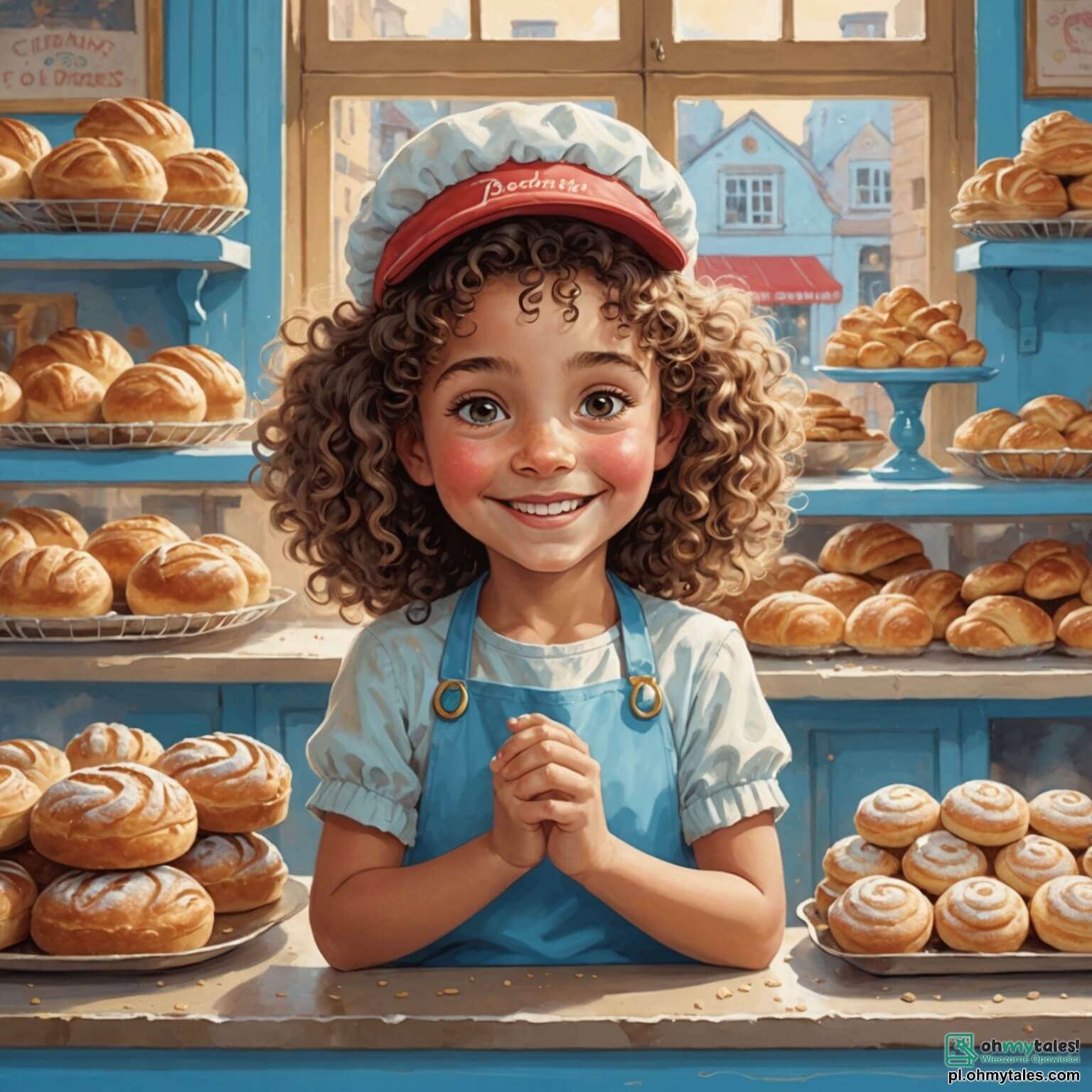Une illustration destinée aux enfants représentant une femme au sourire chaleureux, aux cheveux bouclés et au visage farci de farine, qui se tient derrière le comptoir de sa charmante boulangerie, ornée de fenêtres en bois peintes en bleu pastel, où l'odeur envoûtante de pain frais et de pâtisseries dorées flotte dans l'air, tandis qu'un petit garçon aux yeux pétillants et à la casquette rouge, curieux et enthousiaste, l'observe avec admiration alors qu'elle prépare des biscuits en forme d'étoiles, tout cela se déroulant dans un petit village pittoresque, où les maisons colorées sont bordées de fleurs éclatantes et où le soleil brille joyeusement, illuminant les rires des enfants qui jouent dans la rue.