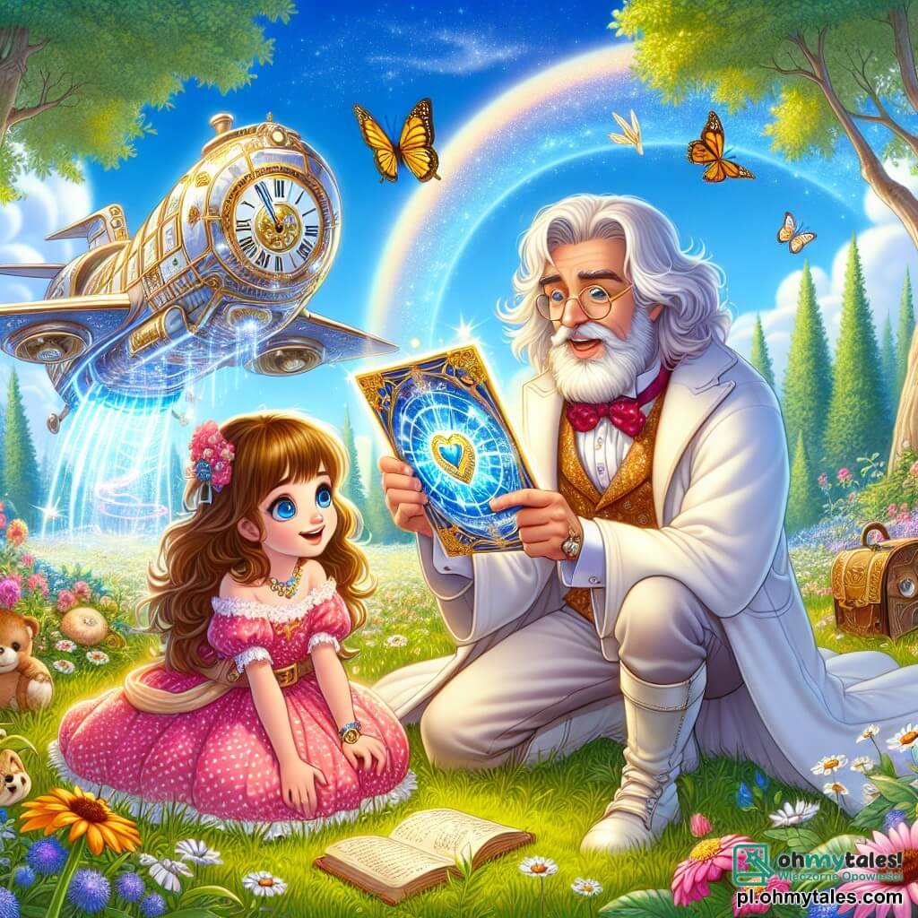 Ilustracja przedstawiająca magiczną scenę w słonecznym ogrodzie, wypełnionym kolorowymi kwiatami i wirującymi motylami. W centrum mała dziewczynka w wieku 5 lat z długimi brązowymi włosami, ubrana w różową sukienkę w białe kropki, klęczy w trawie, trzymając tajemniczy, błyszczący niebieski zwoj z ozdobnym złotym sercem. Obok niej mężczyzna w średnim wieku, ubrany w jaskrawą biel, z okrągłymi okularami i zadbaną brodą, uśmiecha się serdecznie, pokazując duży statek przypominający mieszankę promu kosmicznego i starego zegara, który błyszczy w słońcu. Mała dziewczynka, zachwycona, patrzy na zwoj, gotowa przeżyć niesamowitą przygodę w czasie. W tle majestatyczne drzewa i jasnoniebieskie niebo dodają magii tej zaczarowanej scenie.