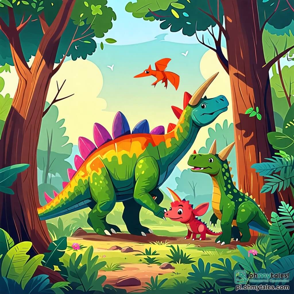 Une illustration sous forme de dessin destinée aux enfants représentant une scène colorée dans une forêt verdoyante, où un grand stégosaure aux écailles multicolores et aux plaques dorsales en forme de boucliers saute joyeusement entre les arbres, tandis qu'un petit triceratops avec trois cornes sur son front et une peau verte l'observe avec enthousiasme, et un iguanodon, au corps élancé et aux griffes délicates, les rejoint en exprimant sa gratitude après s'être perdu, créant une atmosphère d'amitié et d'aventure dans le monde des dinosaures.