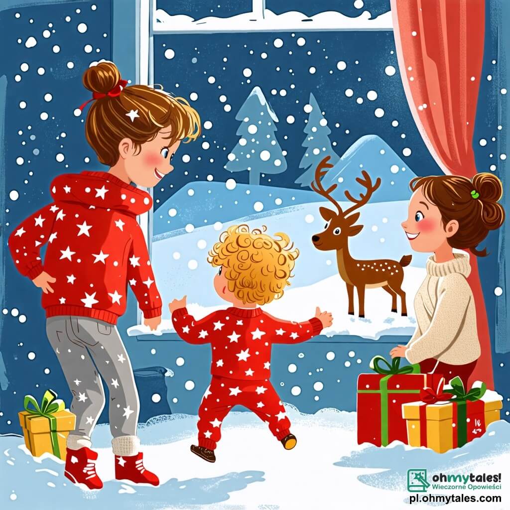 Une illustration sous forme de dessin destinée aux enfants représentant une chaleureuse pièce décorée pour Noël, avec un petit garçon de 2 ans aux cheveux blonds et bouclés, vêtu d'un pyjama rouge à étoiles, sautillant joyeusement près d'une fenêtre embuée par le froid, tandis qu'une maman souriante aux cheveux châtains et attachés en chignon, vêtue d'un pull douillet, se tient à ses côtés, tous deux émerveillés par la neige tombante à l'extérieur, alors que le garçon rêve de rencontrer le Père Noël et ses renne.