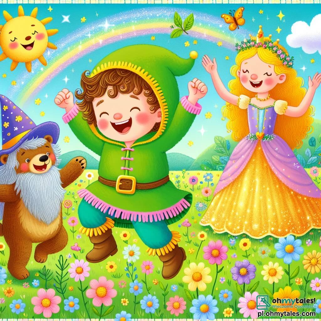 Une illustration sous forme de dessin destinée aux enfants représentant une prairie ensoleillée parsemée de fleurs colorées, où un garçon de 3 ans aux cheveux bouclés et au sourire éclatant saute joyeusement avec un capuchon vert orné de franges roses sur la tête, tandis qu'une princesse aux longs cheveux dorés, vêtue d'une robe scintillante, et un petit chien au pelage brun, avec une grande expression de joie, l'encouragent à chanter et à danser pour sauver les fleurs d'un méchant sorcier transformé en un gros ours en peluche, le tout baigné dans une atmosphère ludique et magique.