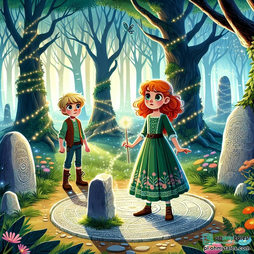 Ilustracja przedstawiająca zaczarowaną polanę w sercu magicznego lasu, gdzie wysokie drzewa o skręconych pniach wznoszą się ku niebu, a ich liście błyszczą w promieniach słońca. W centrum młoda czarodziejka o płomiennych rudych włosach, ubrana w zieloną suknię zdobioną kwiatowymi wzorami, stoi z determinacją, trzymając w rękach stary zwój pergaminu. Obok niej młody chłopiec w wieku około dziesięciu lat, z blond włosami i błyszczącymi oczami, z zachwytem obserwuje, trzymając gotową do użycia różdżkę. Razem odkrywają krąg starych kamieni, oświetlony delikatnym blaskiem, podczas gdy lekka mgła unosi się wokół nich, tworząc tajemniczą atmosferę. Kolorowe kwiaty i świetliki tańczą wokół, dodając magii tej fascynującej scenie.