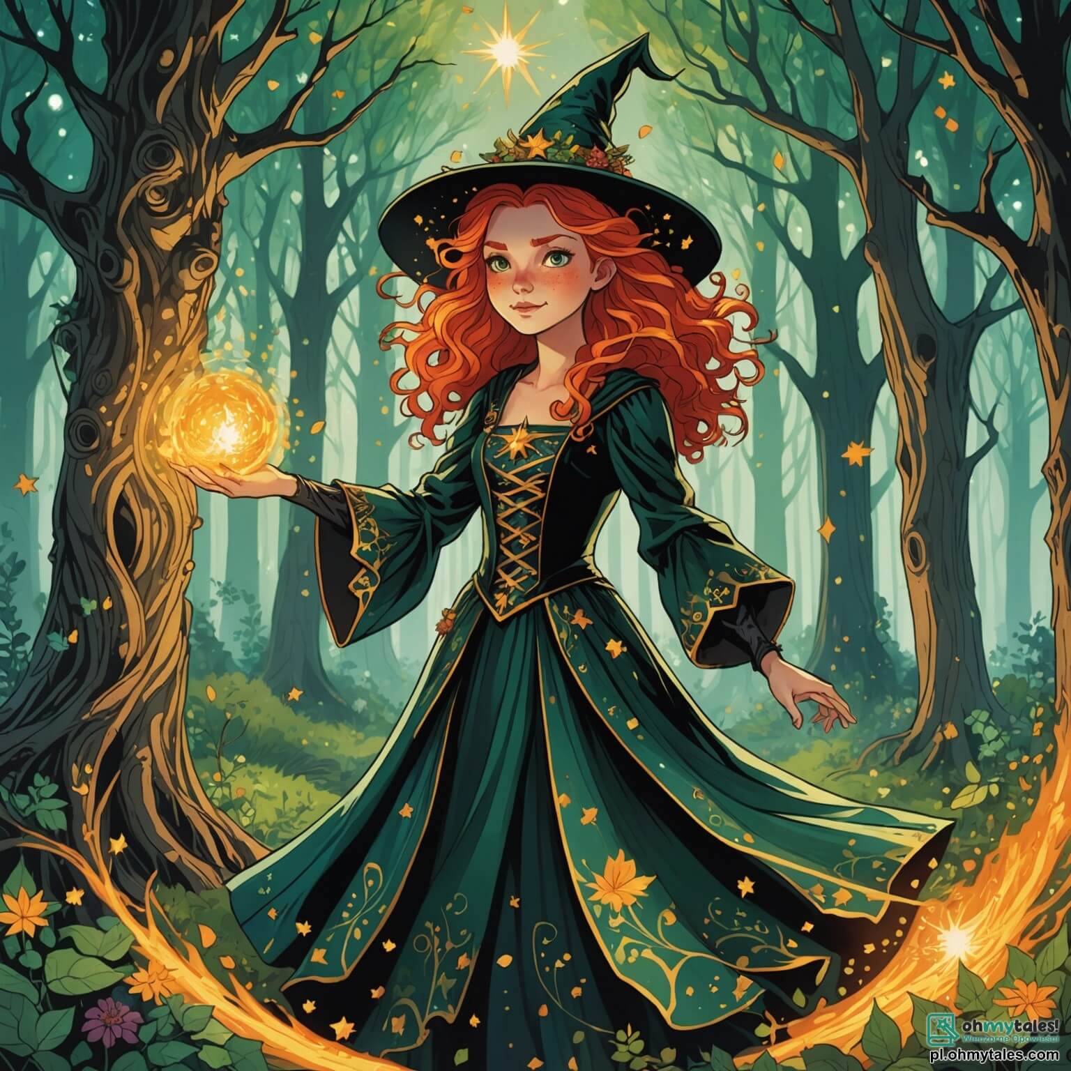 Une illustration destinée aux enfants représentant une jeune apprentie sorcière aux cheveux flamboyants, vêtue d'une robe chatoyante ornée de motifs étoilés, se tenant au milieu d'une forêt enchantée où les arbres aux troncs noueux s'élèvent majestueusement, leurs feuilles scintillant comme des émeraudes sous les rayons du soleil, tandis qu'elle tente de maîtriser un sort qui fait danser des fleurs colorées autour d'elle, accompagnée de son fidèle compagnon, un petit dragon vert aux yeux pétillants de malice, et d'un vieux hibou sage aux plumes grises, perchés sur une branche, observant avec curiosité les aventures ensorcelantes et amusantes qui se déroulent dans ce lieu magique.