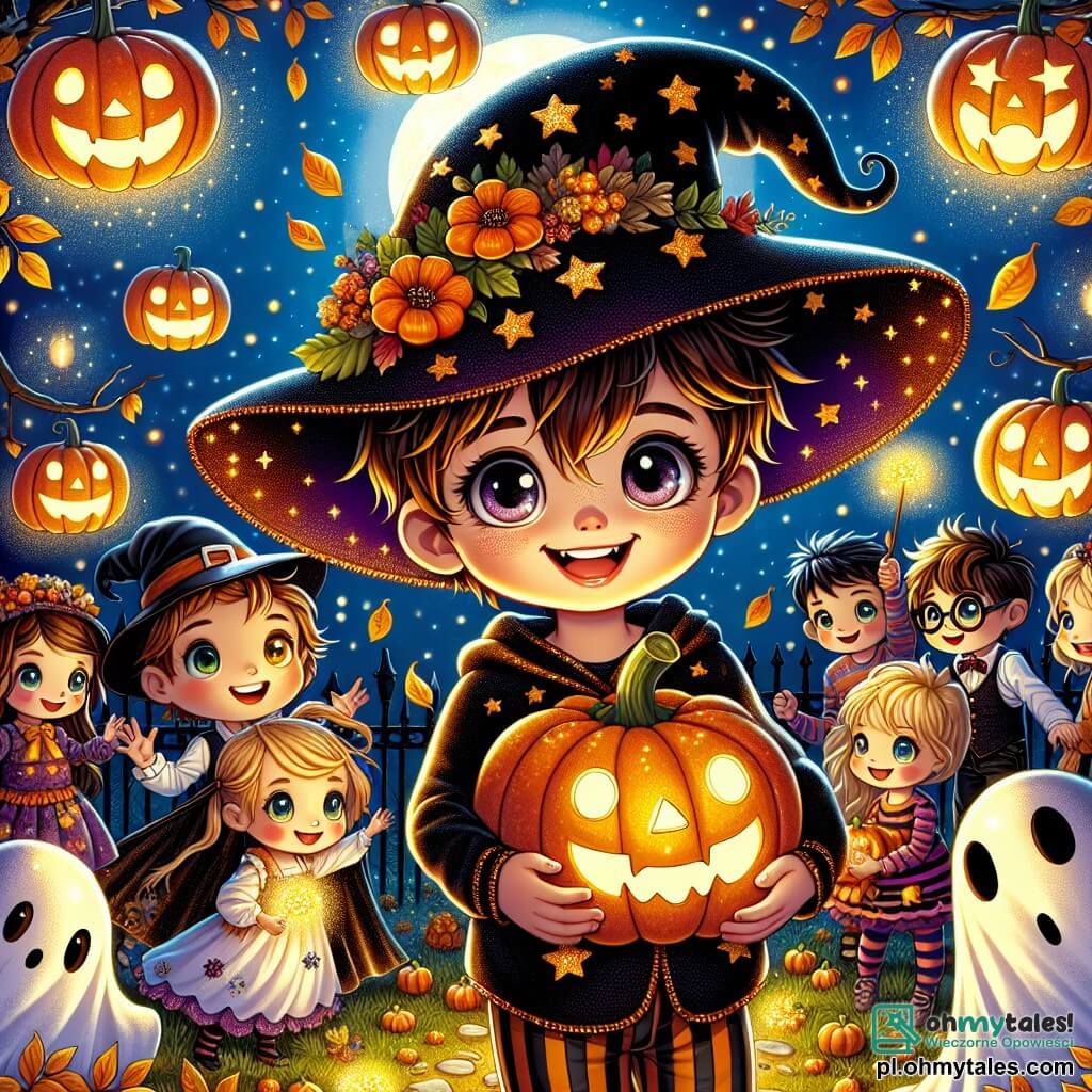 Ilustracja przedstawiająca magiczną scenę Halloween w ogrodzie oświetlonym latarniami w kształcie dyni. Niebo jest głęboko niebieskie, usiane migoczącymi gwiazdami, a liście jesieni delikatnie wirują w chłodnym wieczornym powietrzu. W centrum obrazu stoi 3-letni chłopiec z rozczochranymi brązowymi włosami i błyszczącymi z ciekawości oczami, noszący duży czarny kapelusz czarownicy ozdobiony złotymi gwiazdami. Uśmiecha się radośnie, trzymając w ramionach małą ręcznie malowaną dynię. Wokół niego kilka dzieci w wieku około 5-7 lat przebranych za duchy i przyjazne potwory, śmieją się i tańczą. Jedna z dziewczynek z warkoczami w blond włosach ma na sobie biały prześcieradło z dziurami na oczy i macha na powitanie. Inny chłopiec w okularach i kostiumie wampira zbliża się, trzymając girlandę kolorowych liści. Główna scena pokazuje chłopca w centrum uwagi, otoczonego przyjaciółmi, wszyscy zachwyceni magicznymi dekoracjami unoszącymi się wokół nich. Świecące dynie, migoczące gwiazdy i uśmiechnięte duchy tworzą radosną i świąteczną atmosferę, podczas gdy lekka mgła dodaje nuty tajemniczości tej zaczarowanej nocy.