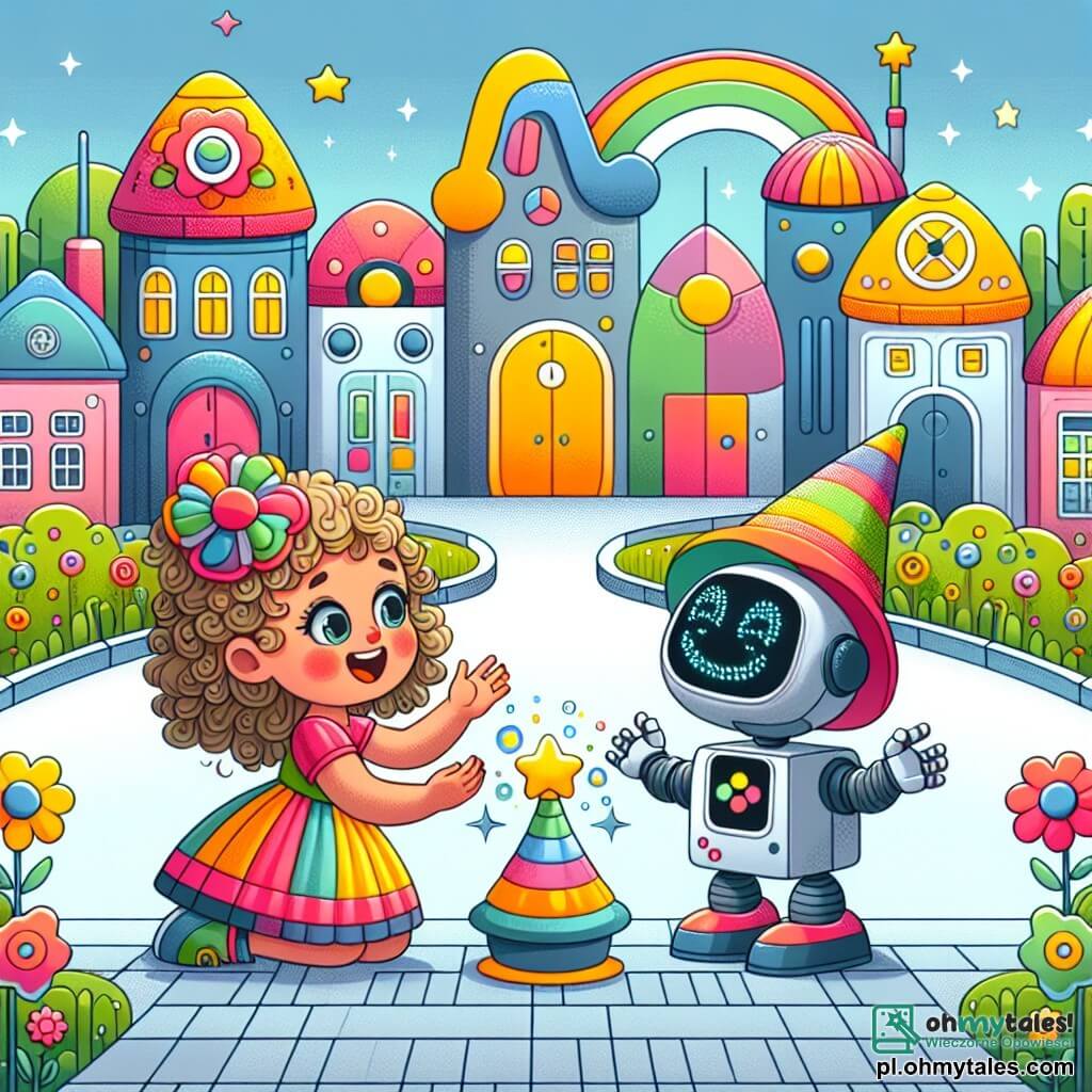Une illustration sous forme de dessin destinée aux enfants représentant un parc futuriste dans la ville de Kolorowa Przyszłość, avec des maisons en forme de fleurs colorées et des robots qui nettoient les rues, où une petite fille de 3 ans aux cheveux bouclés et aux yeux pétillants, vêtue d'une robe multicolore, s'agenouille joyeusement pour parler à un Magiczny Kwiat vibrant de couleurs, tandis qu'un petit robot amical à ses côtés, avec des bras articulés et un sourire lumineux, observe la scène avec curiosité, illustrant ainsi le moment où la petite fille découvre la magie de l'amitié et de la responsabilité.