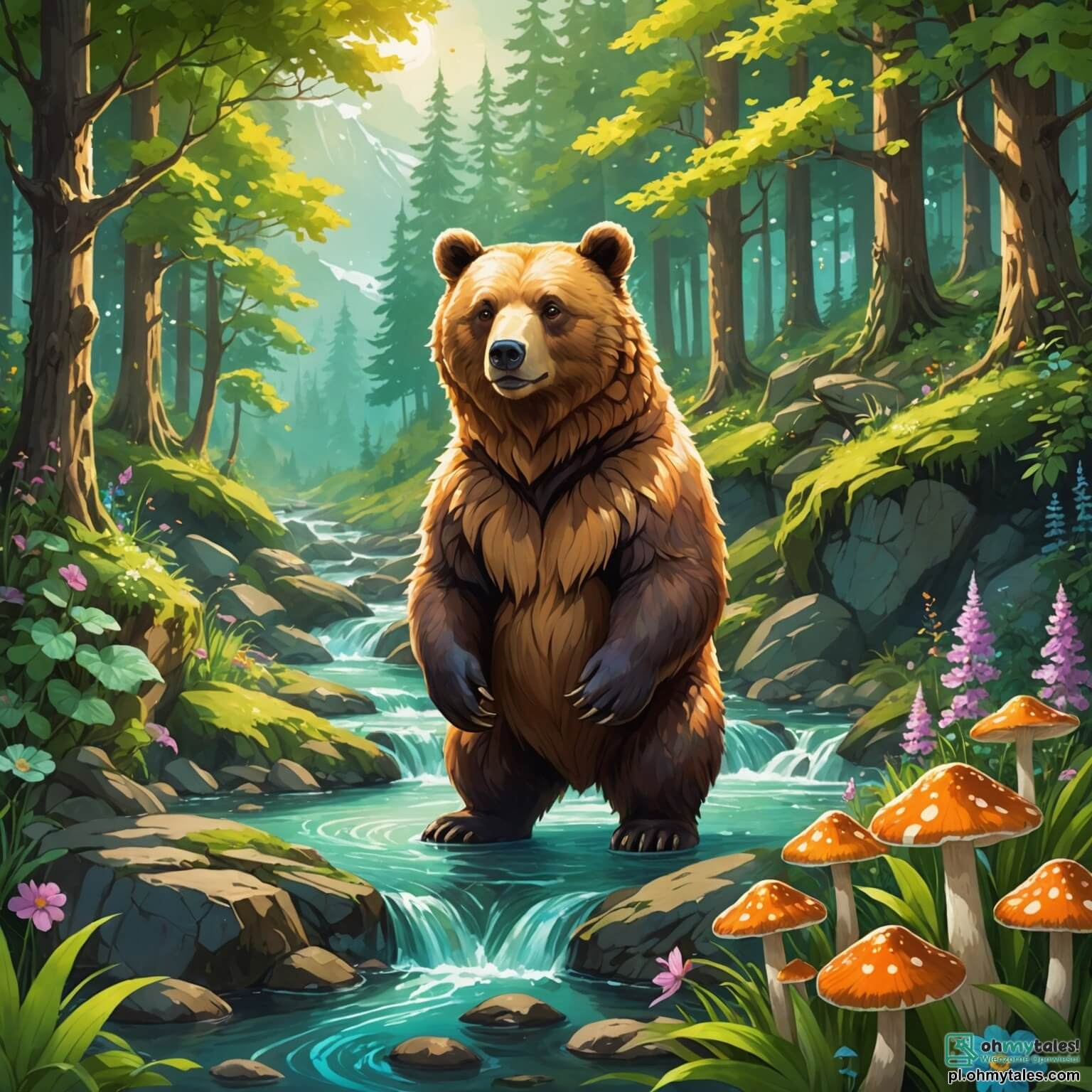 Une illustration destinée aux enfants représentant un majestueux ours au pelage doré, aux yeux scintillants comme des émeraudes, se tenant fièrement au bord d'un ruisseau cristallin serpentant à travers une forêt enchantée, où les rayons du soleil filtrent à travers les feuillages verdoyants, illuminant des fleurs colorées et des champignons aux formes étranges, tandis que l'ours, en quête d'aventures, rencontre un petit lapin au pelage soyeux et un rusé renard à la fourrure flamboyante, tous deux désireux de l'aider à surmonter un grand défi pour atteindre un trésor caché au cœur de cette nature luxuriante.