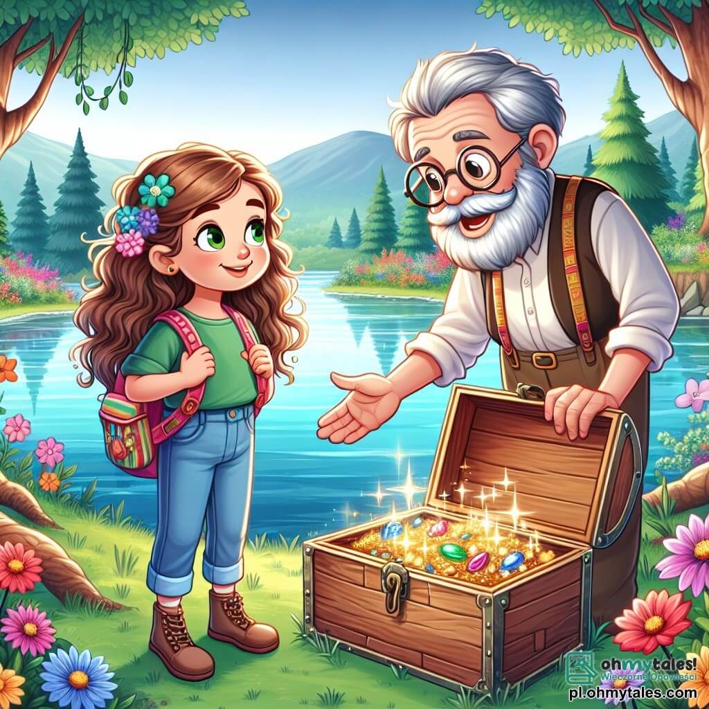 Une illustration sous forme de dessin destinée aux enfants représentant un magnifique lac cristallin entouré de fleurs colorées et de grands arbres verdoyants, où une jeune fille aux longs cheveux bouclés et aux yeux verts, portant un sac à dos coloré, se tient avec un sourire émerveillé, tandis qu'un homme âgé, sage et souriant, à la barbe grise et aux lunettes rondes, l'encourage à explorer un vieux coffre en bois rempli de trésors scintillants, symbolisant leur aventure d'exploration et de découverte de la beauté de l'amitié et du courage face aux défis.