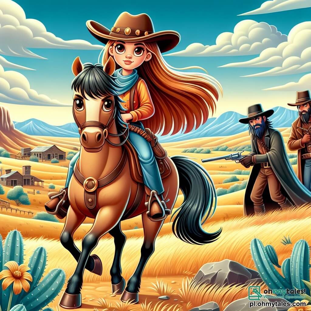 Une illustration sous forme de dessin destinée aux enfants représentant un vaste paysage du Far West, avec des collines dorées et un ciel bleu éclatant, où une jeune cowgirl aux longs cheveux châtain et portant un chapeau de cowboy, chevauche fièrement son cheval Tornado, tandis que deux bandits aux visages sournois et vêtus de vêtements en cuir se cachent derrière un rocher, observant la scène avec des expressions malicieuses, alors que la cowgirl, déterminée et courageuse, se prépare à défendre son village contre une menace imminente.