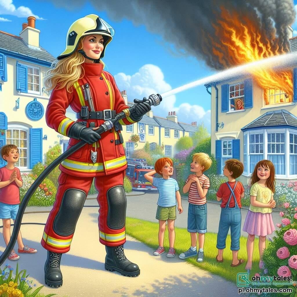 Ilustracja przedstawiająca dynamiczną scenę w małym, słonecznym miasteczku, z kolorowymi domami i niebieskimi oknami oraz kwiecistymi ogrodami. Na pierwszym planie stoi odważna kobieta w czerwonym mundurze strażaka, nosząca błyszczący hełm i czarne buty, używająca dużego węża do gaszenia ognia, który trzaska w budynku w tle. Jej twarz jest zdeterminowana, emanuje odwagą i pewnością siebie. Wokół niej grupa czterech dzieci w wieku od 8 do 10 lat, dwóch chłopców i dwie dziewczynki, patrzy z podziwem. Chłopcy mają na sobie kolorowe koszulki i szorty, a dziewczynki lekkie sukienki. Wszyscy mają wyraz zdumienia i ekscytacji, niektórzy wskazują na ogień, inni klaszczą dla strażaka. Główna sytuacja pokazuje kobietę strażaka w akcji, walczącą z płomieniami, podczas gdy chmury dymu wydobywają się z budynku. W tle rozłożona jest duża drabina strażacka, a inni strażacy zajmują się gaszeniem ognia. Niebo jest niebieskie z kilkoma białymi chmurami, a słońce świeci, nadając ciepłą atmosferę tej heroicznej scenie. Detale takie jak krople wody wydobywające się z węża i refleksy światła wokół płomieni wzmacniają intensywność akcji.