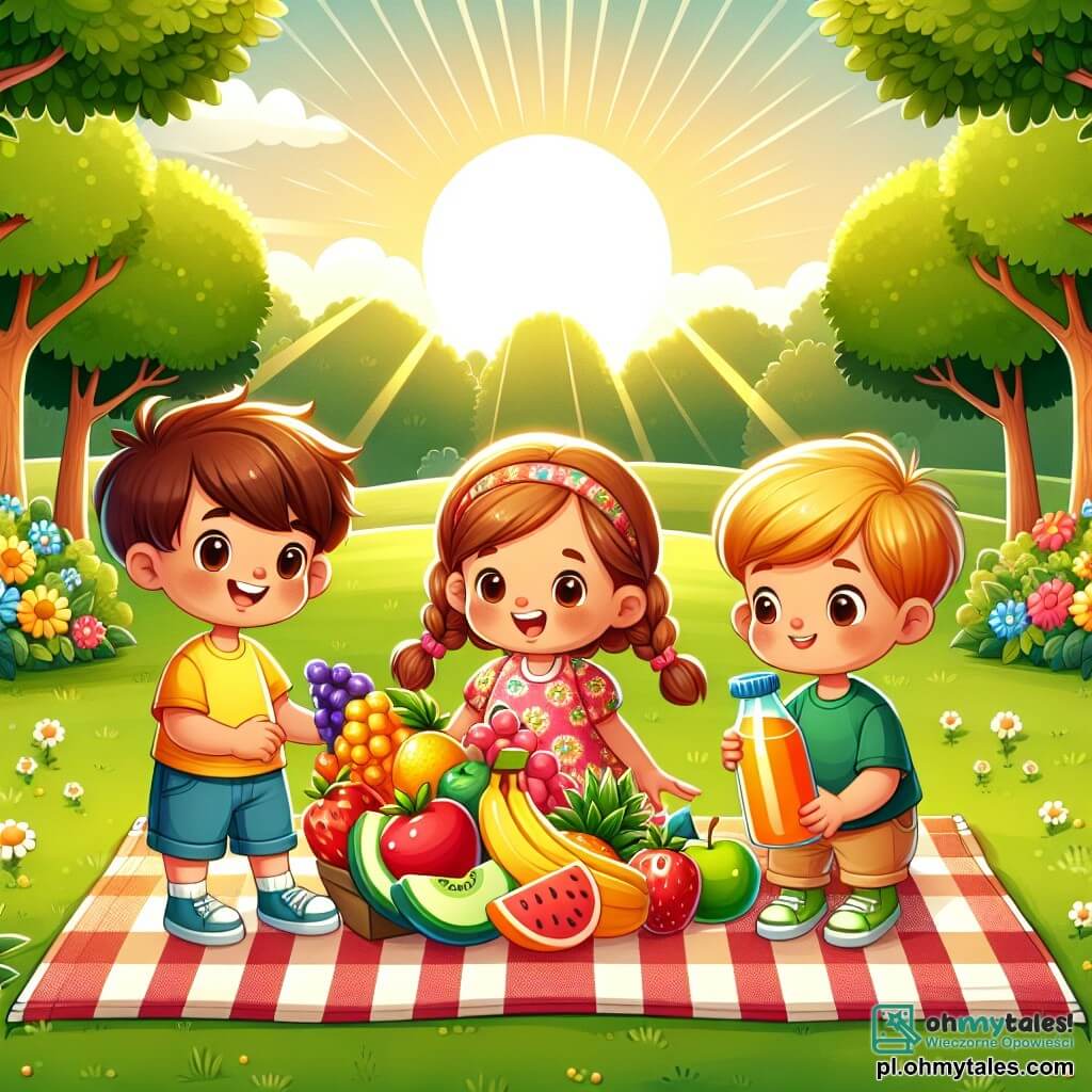 Ilustracja przedstawiająca słoneczny park z dużymi zielonymi drzewami i zadbaną trawą. W centrum powiewa duża kolorowa flaga, dodając festywnego akcentu do atmosfery. Trójka dzieci jest obecna: trzyletni chłopiec z rozczochranymi brązowymi włosami, ubrany w żółtą koszulkę i niebieskie szorty, radośnie uśmiechający się, trzymający dużą kolorową kartę. Obok niego stoi trzyletnia dziewczynka z warkoczami blond włosów, ubrana w różową sukienkę w kwiaty, która z zachwytem przygląda się owocom ułożonym na dużym kocu. Na koniec czteroletni chłopiec z krótkimi kasztanowymi włosami, ubrany w zieloną koszulkę i beżowe spodnie, trzymający butelkę soku pomarańczowego i uśmiechający się do swoich przyjaciół. Główna scena pokazuje dzieci przygotowujące niespodziankę piknikową dla swojego taty, otoczone kolorowymi owocami, takimi jak banany, truskawki i jabłka, oraz dużą butelką soku. Ich twarze promienieją szczęściem i ekscytacją, podczas gdy duże drzewo chroni je przed słońcem, tworząc ciepłą i radosną atmosferę.