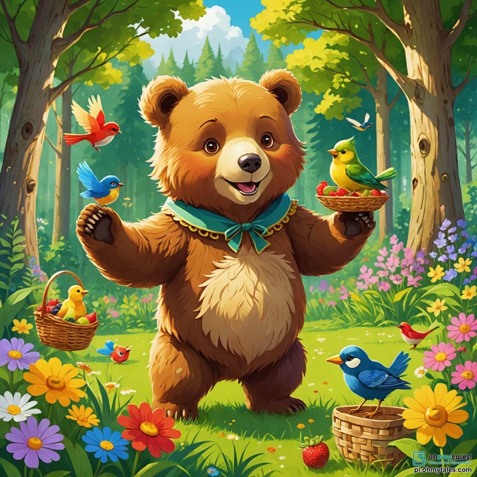 Une illustration destinée aux enfants représentant une adorable ourse au pelage doré, aux yeux pétillants de malice, se préparant avec enthousiasme à organiser un pique-nique dans une clairière ensoleillée, entourée de fleurs colorées et de grands arbres aux feuilles verdoyantes, tandis qu'un joyeux petit oiseau aux plumes éclatantes s'affaire à rassembler des fruits pour l'aider dans cette aventure.