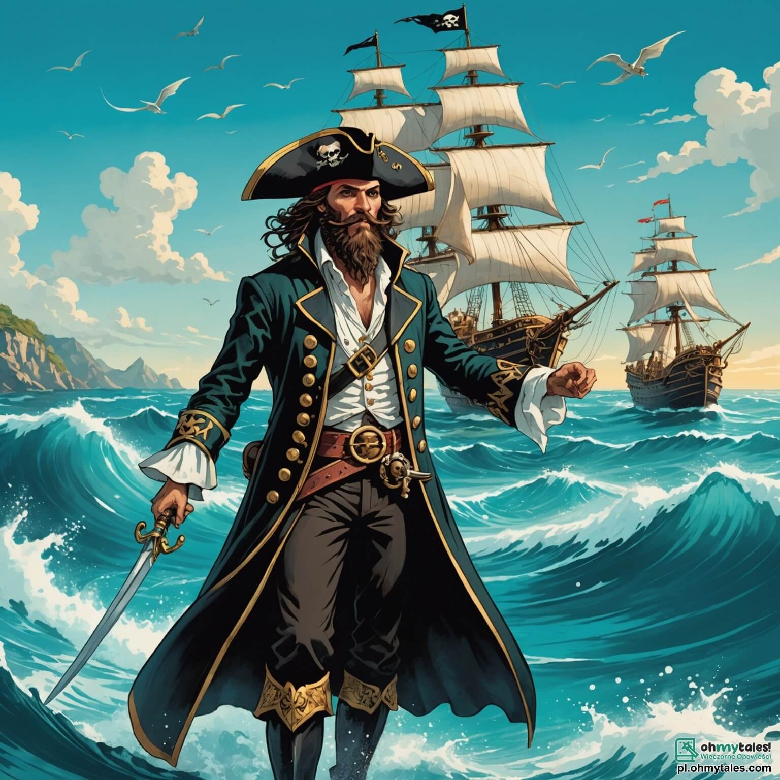 Une illustration destinée aux enfants représentant un intrépide pirate à la barbe flamboyante, vêtu d'une chemise blanche flottante et d'un long manteau noir orné de dorures, naviguant sur les flots scintillants d'un océan turquoise, à bord de son majestueux vaisseau à la proue ornée d'un crâne, tandis qu'il scrute l'horizon à la recherche d'un trésor légendaire, accompagné de sa fidèle complice, une courageuse jeune fille aux cheveux dorés, qui rêve d'aventures et de mystères, ainsi que de son espiègle petit chien à la fourrure brune, tous trois se dirigeant vers une île mystérieuse, couverte de palmiers verdoyants et de plages de sable fin, où les secrets des anciens pirates sont enfouis sous des montagnes de coquillages et de coraux colorés.