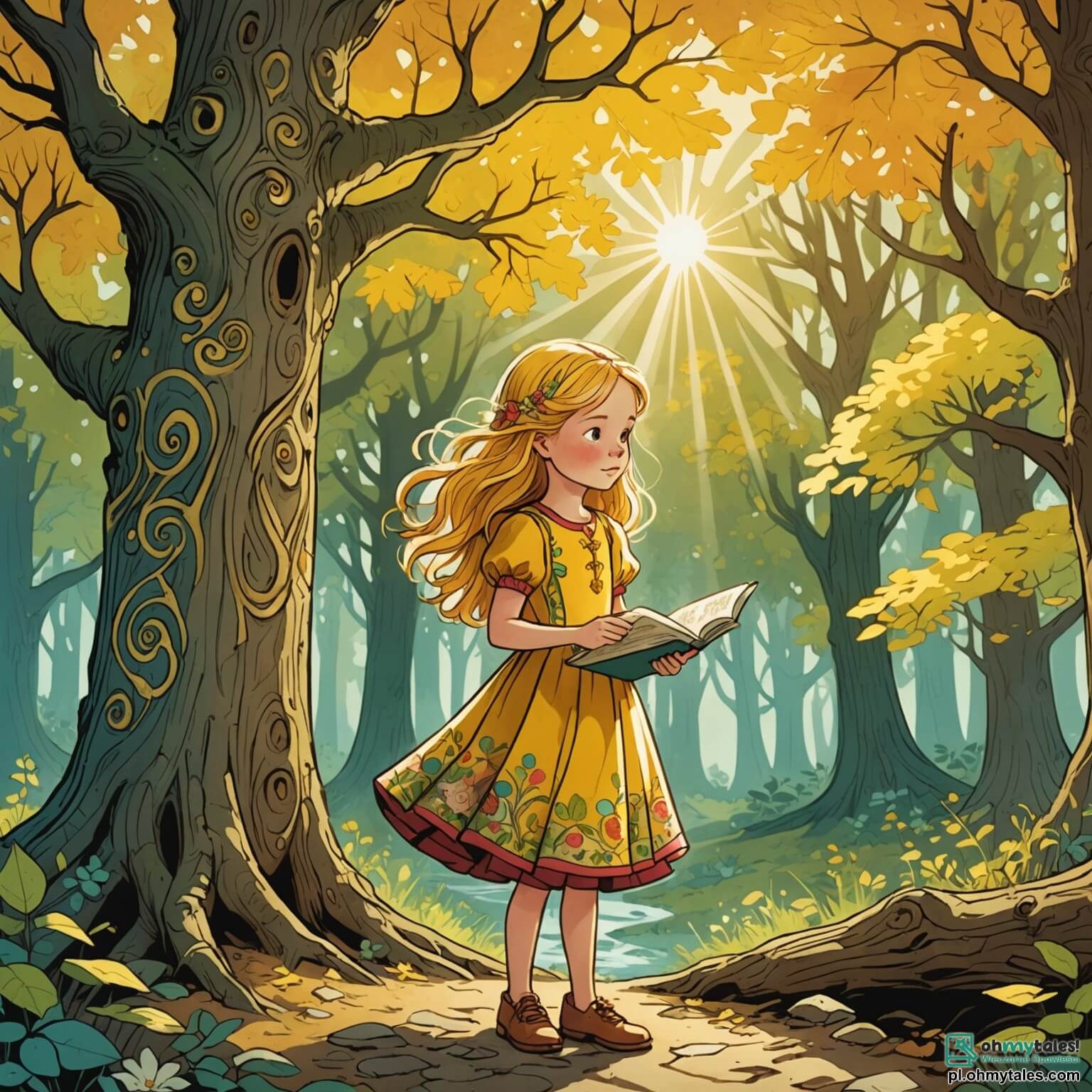 Une illustration destinée aux enfants représentant une courageuse petite fille aux cheveux dorés flottant comme des rayons de soleil, vêtue d'une robe colorée ornée de motifs floraux, se tenant fièrement au bord d'une forêt enchantée où les arbres majestueux, aux troncs noueux et aux feuilles scintillantes, semblent murmurer des secrets anciens, tandis qu'elle scrute avec détermination une mystérieuse carte aux contours dorés, à la recherche d'un trésor caché, accompagnée de son fidèle ami, un garçon intrépide aux yeux pétillants de curiosité, qui porte un chapeau de paille et un sourire espiègle, et ensemble, ils s'apprêtent à affronter des créatures fantastiques et des défis magiques dans ce royaume féerique où les fleurs dansent au rythme du vent et les rayons de lune illuminent les sentiers secrets.