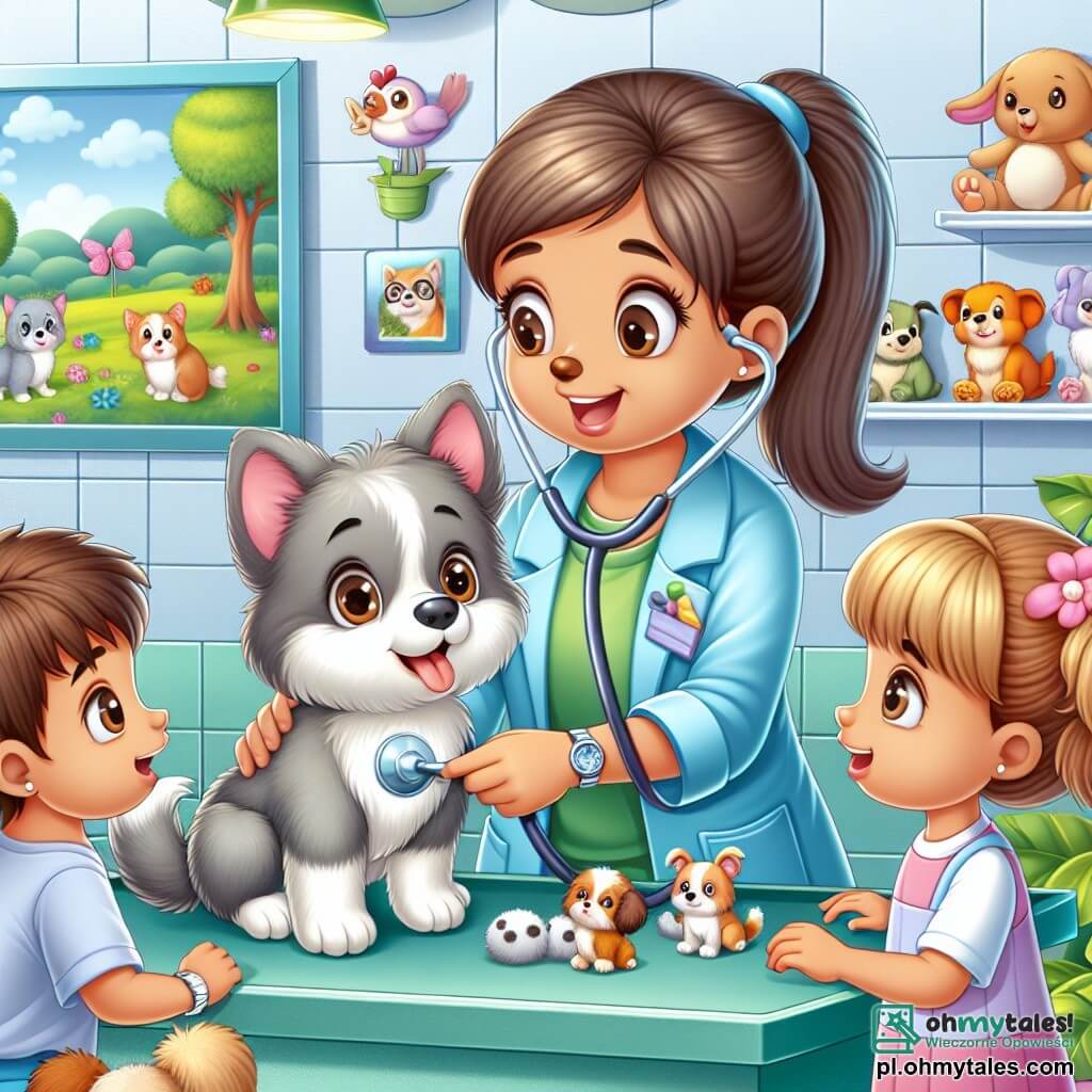Une illustration sous forme de dessin destinée aux enfants représentant l'intérieur d'une clinique vétérinaire chaleureuse et colorée, avec des murs ornés de dessins d'animaux, où une femme vétérinaire au sourire bienveillant, portant un uniforme bleu et un stéthoscope autour du cou, examine un petit chien gris aux yeux pétillants, tandis qu'un garçon aux cheveux bruns et une fille aux cheveux blonds, tous deux émerveillés, observent attentivement la scène, entourés de jouets en peluche et de plantes vertes, capturant l'instant magique où les enfants découvrent le monde des soins animaliers.