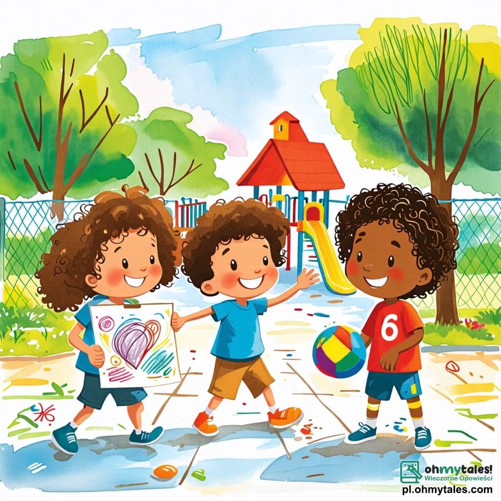 Une illustration sous forme de dessin destinée aux enfants représentant une cour d'école colorée avec des arbres verdoyants et des jeux, où un garçon de 8 ans aux cheveux bruns et aux yeux pétillants, portant une t-shirt bleu et un short, sourit en jouant au ballon avec une fille aux longs cheveux bouclés et à la peau claire, qui tient un dessin coloré, tandis qu'un garçon à la peau foncée et aux cheveux crépus, vêtu d'un maillot de foot, les encourage à s'amuser ensemble, symbolisant la joie de l'amitié et de la diversité.