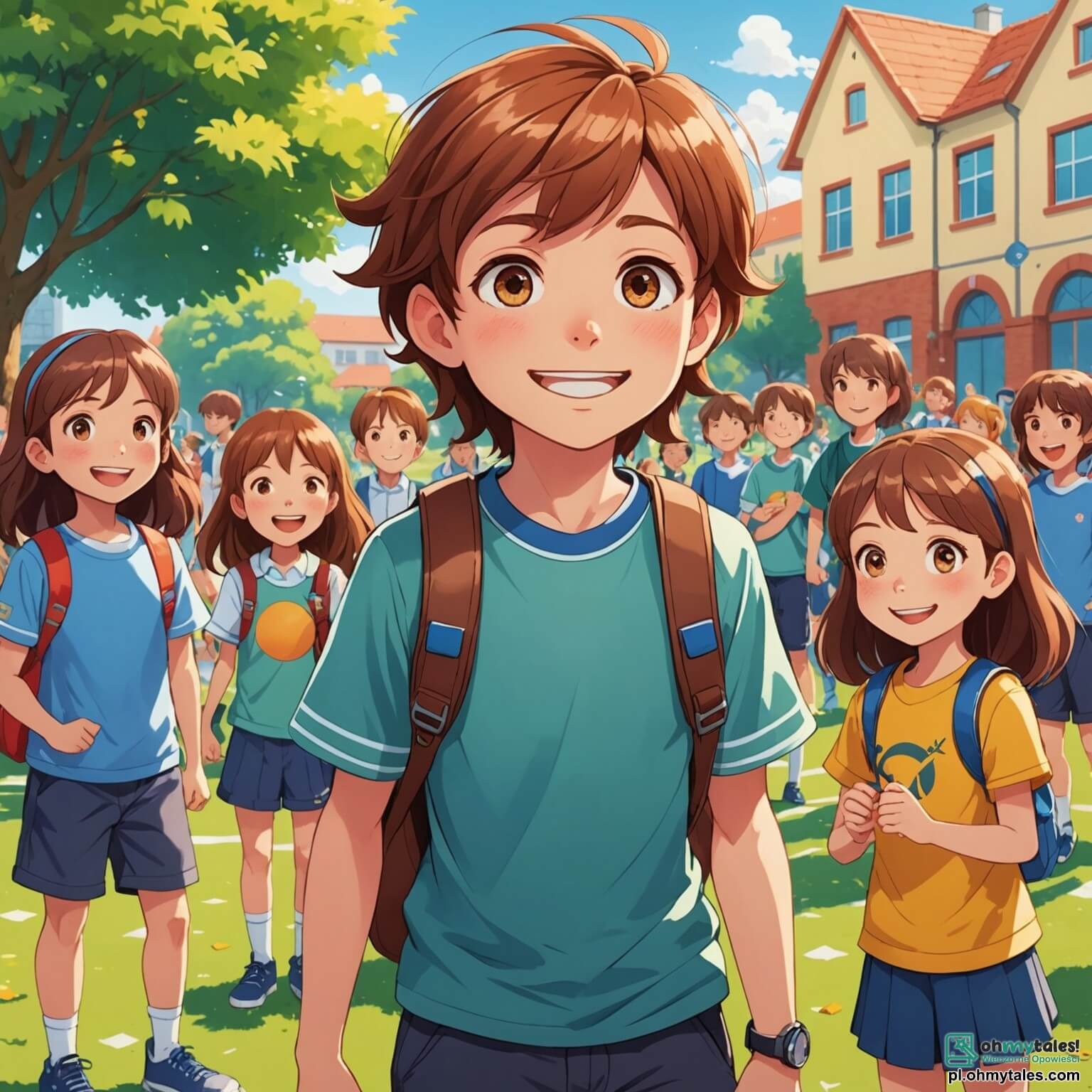 Une illustration destinée aux enfants représentant un garçon aux cheveux châtains et aux yeux pétillants, débordant d'énergie et de curiosité, se tenant au centre d'une cour d'école ensoleillée, entouré de camarades de classe, dont une fille aux longs cheveux bruns et au sourire éclatant, tous réunis autour d'un terrain de jeu coloré, où ils s'apprêtent à organiser un tournoi de football, illustrant ainsi la joie de l'amitié et l'égalité des sexes, tandis que des arbres verdoyants et des fleurs éclatantes bordent le paysage, créant une atmosphère vibrante de camaraderie et d'inclusivité.